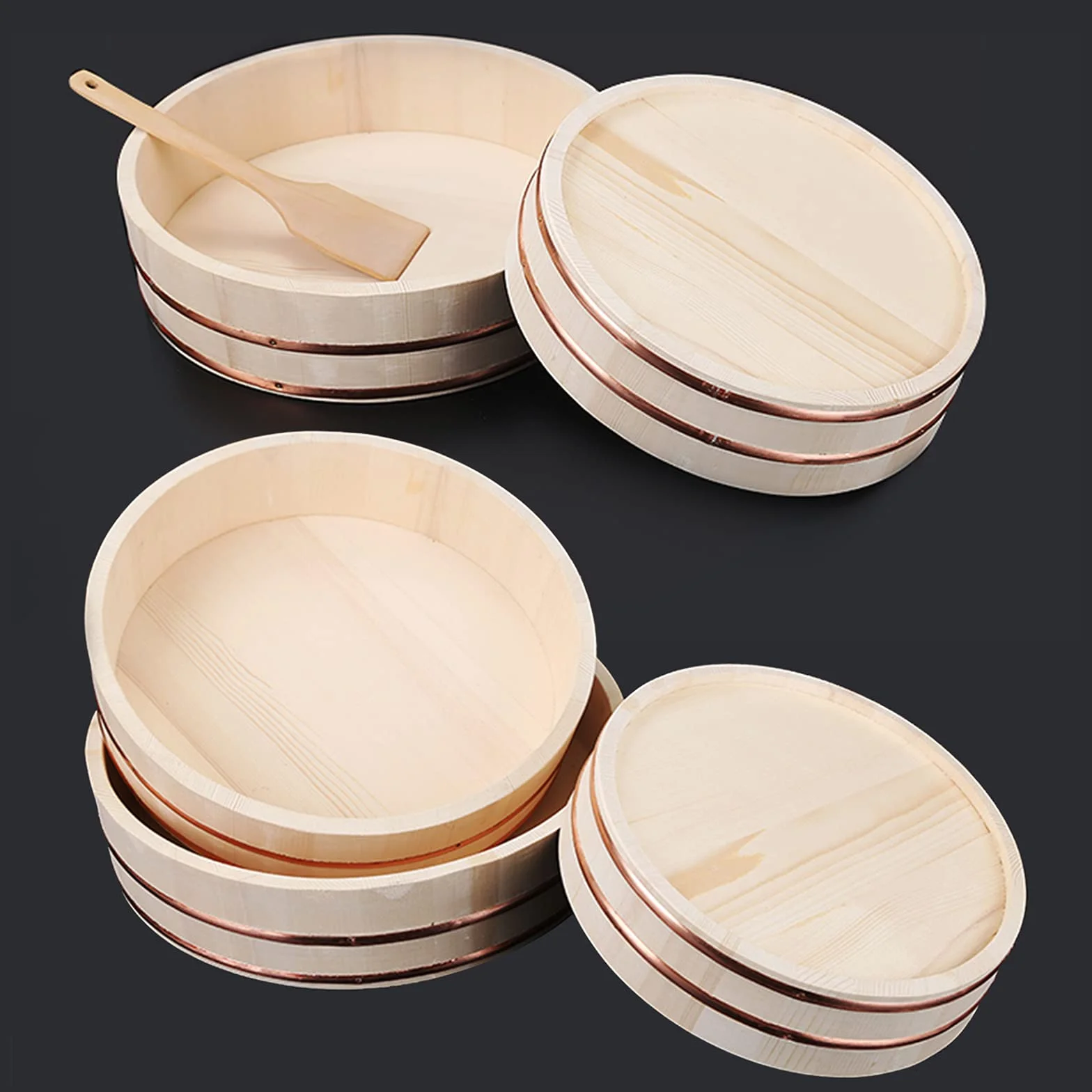 AIZYR Ręcznie wykonana miska do mieszania ryżu Hangiri Sushi Oke - japońska drewniana wanna do mieszania ryżu z łopatką do robienia sushi i mieszania ryżu sushi, 39 cm / 15,3 cala