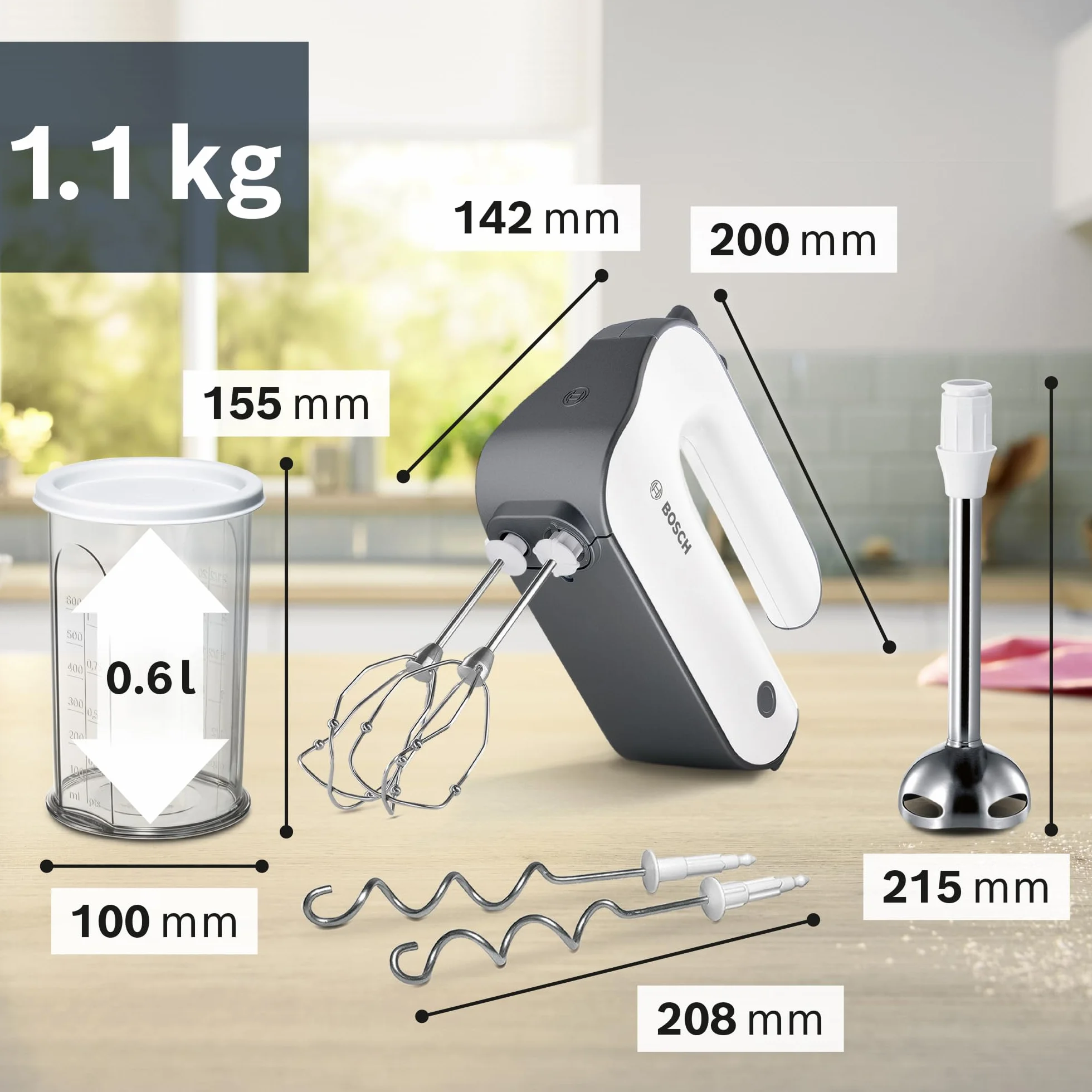 Bosch Styline, mikser ręczny, 850 W, mieszadła FineCreamer, haki do zagniatania ciasta, metalowa stopa do blendowania, pojemnik do miksowania z miarką, MFQ49700, biały