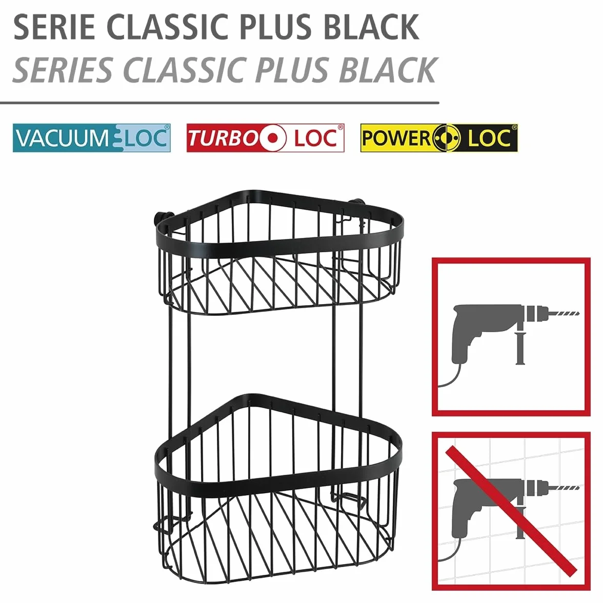 Wenko Classic Plus 23882100 regał narożny, 2 poziomy, 23,5 x 33 x 18,5 cm, stal nierdzewna, czarna