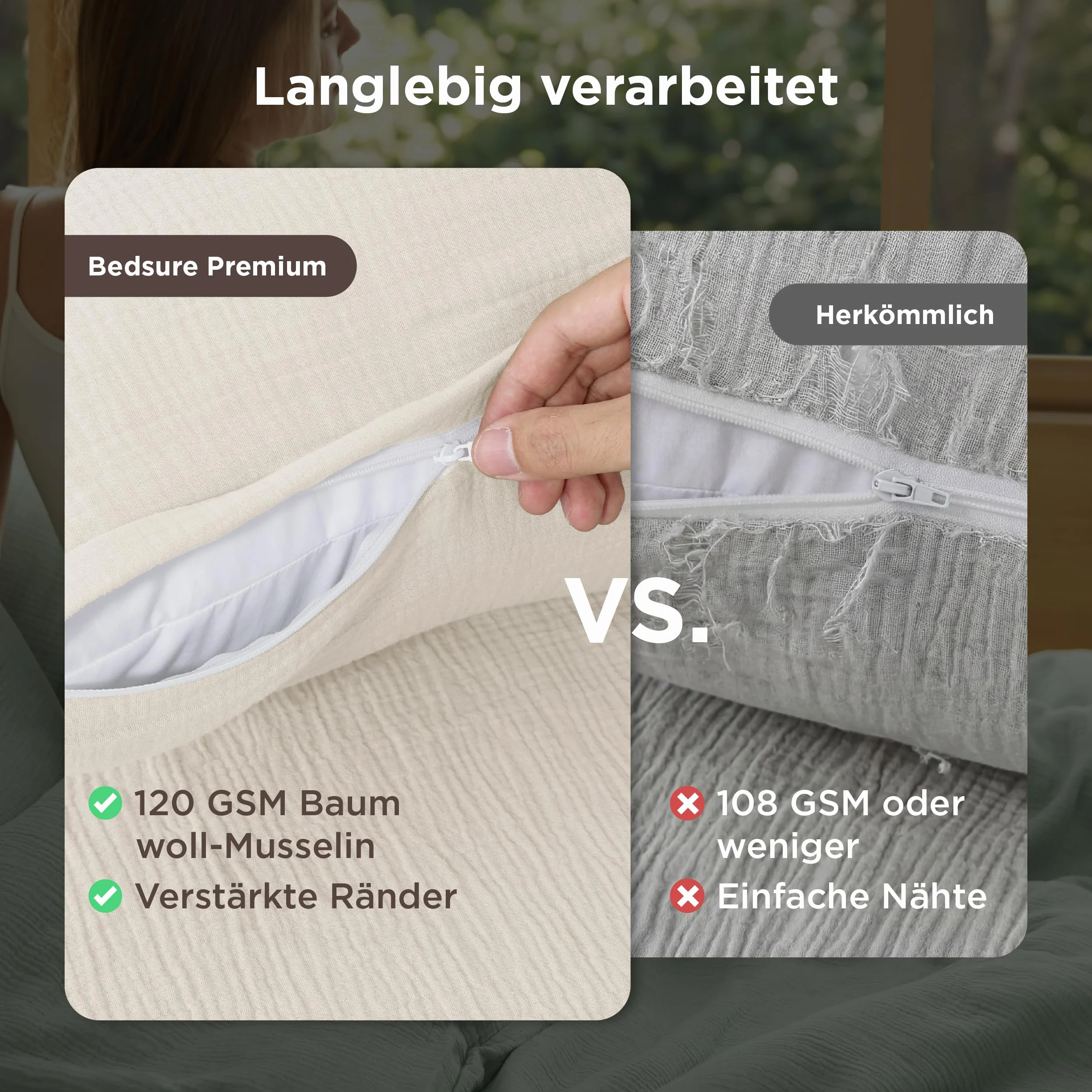 BEDSURE Pościel muślinowa 200 x 220 cm, 3-częściowa, 100% bawełna, z 1 poszewką na kołdrę 200 x 220 cm i 2 poszewkami na poduszkę 80 x 80 cm, Öko-Tex, pościel letnia z zamkiem błyskawicznym, beżowa
