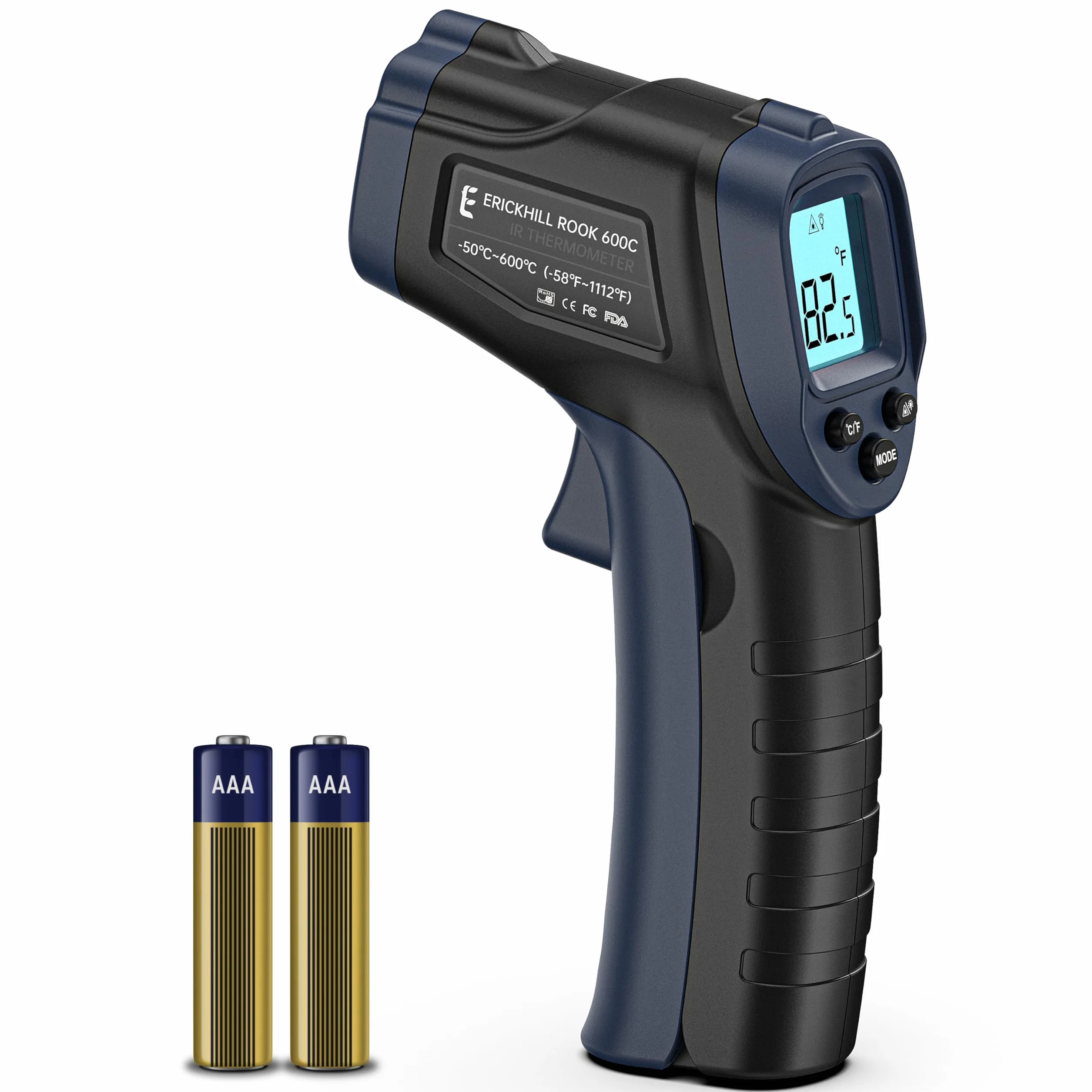 Termometr na podczerwień ERICKHILL -50℃~600℃ Podstawowy bezdotykowy cyfrowy laserowy pistolet do pomiaru temperatury Wyświetlacz LCD, regulowana emisyjność - do gotowania/grillowania, czarno-niebieski