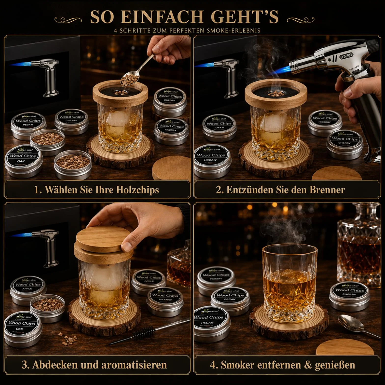Zestaw wędzarniczy do whisky z pochodnią, zestaw do wędzenia koktajli, 8 rodzajów drewna i akcesoriami, zestaw do wędzenia do drinków dla Old Fashioned & Bourbon – pomysł na prezent dla