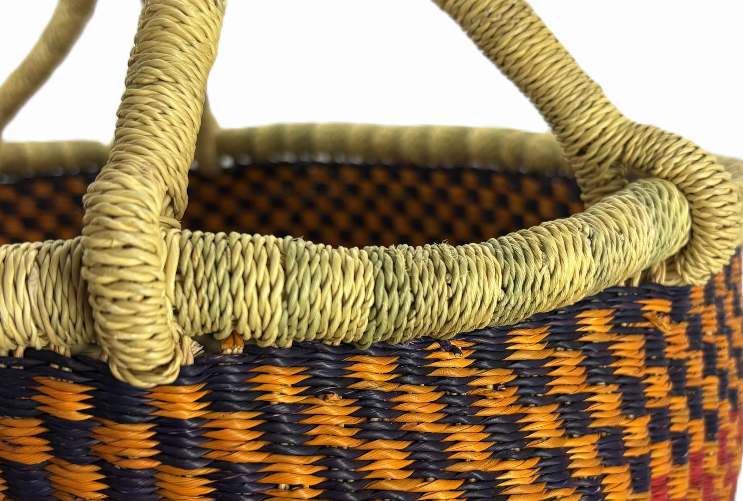 Duży okrągły kosz Bolga oryginalny afryka Ghana koszyk na zakupy skórzany uchwyt Fair Trade Ca: 35-40 cm