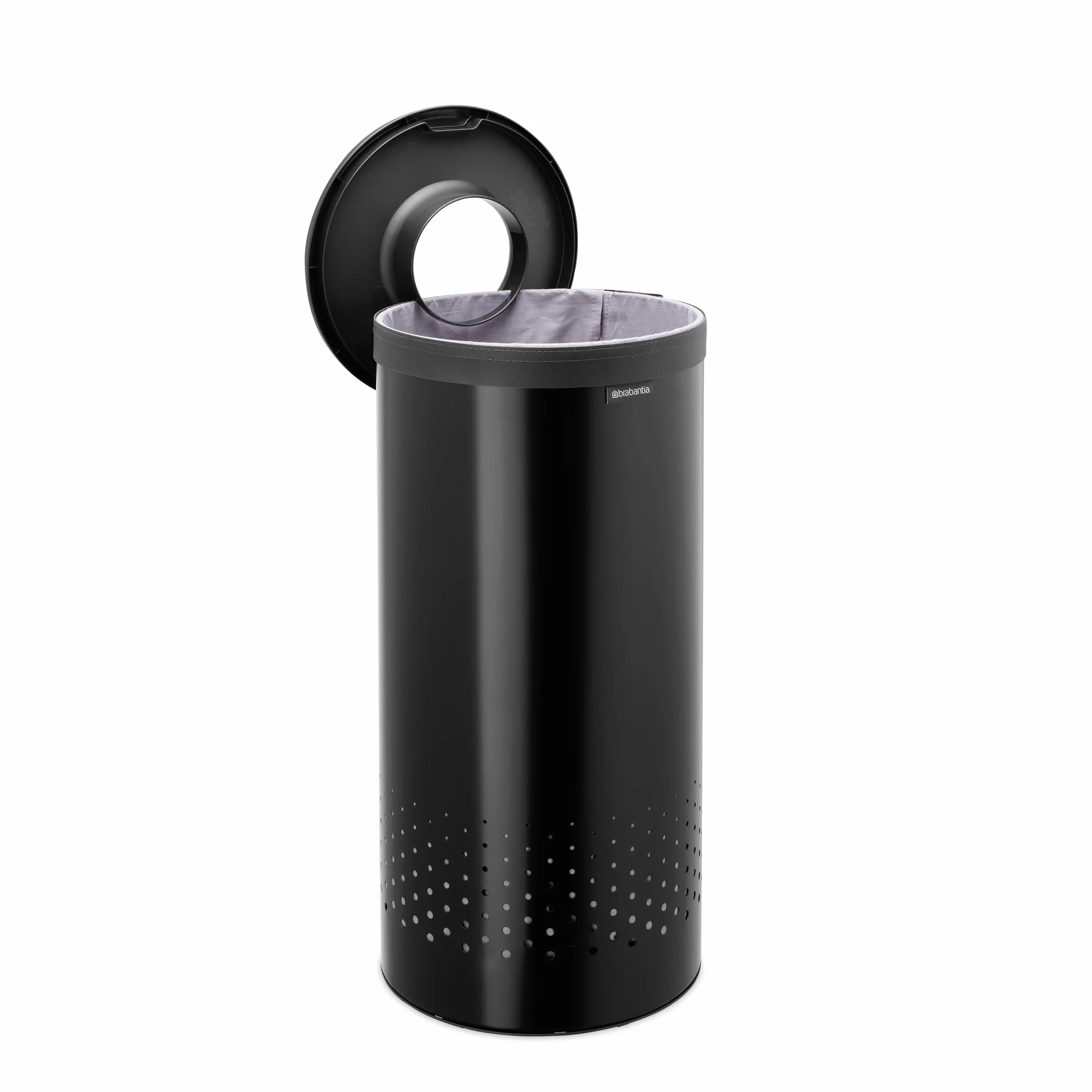 Brabantia Kosz na pranie z pokrywką, kosz na pranie 35 l ze zdejmowaną bawełnianą torbą i szybkim otwieraniem, oszczędzający miejsce kosz na pranie, czarny matowy