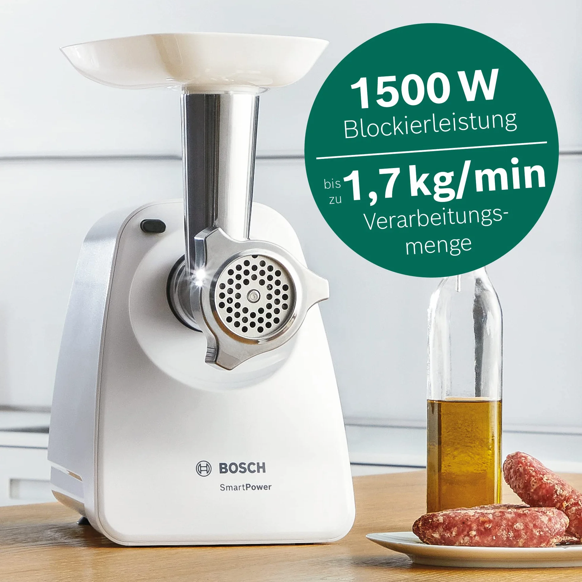 Bosch Elettrodomestici MFW2500W SmartPower Maszynka Do Mięsa, Plastik, 1500/350 W, Biały/Srebrny