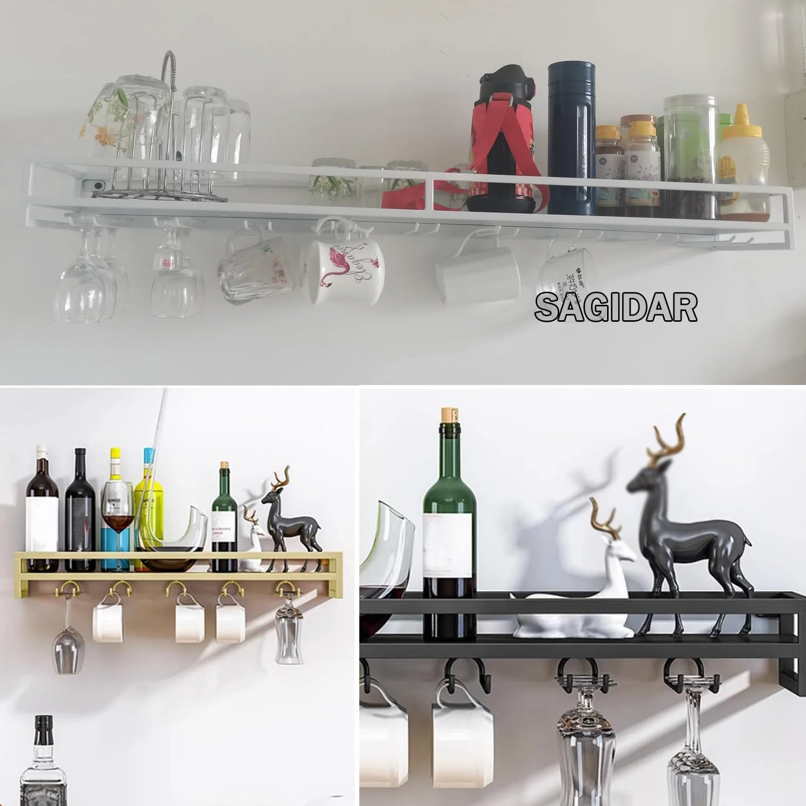 SAGIDAR Naścienny wiszący stojak, stojak na kieliszki 60/80/100 cm, metalowy uchwyt na kieliszki czarny/biały/złoty, wieszak do przechowywania wyrobów szklanych, do kuchni, jadalni, spiżarni