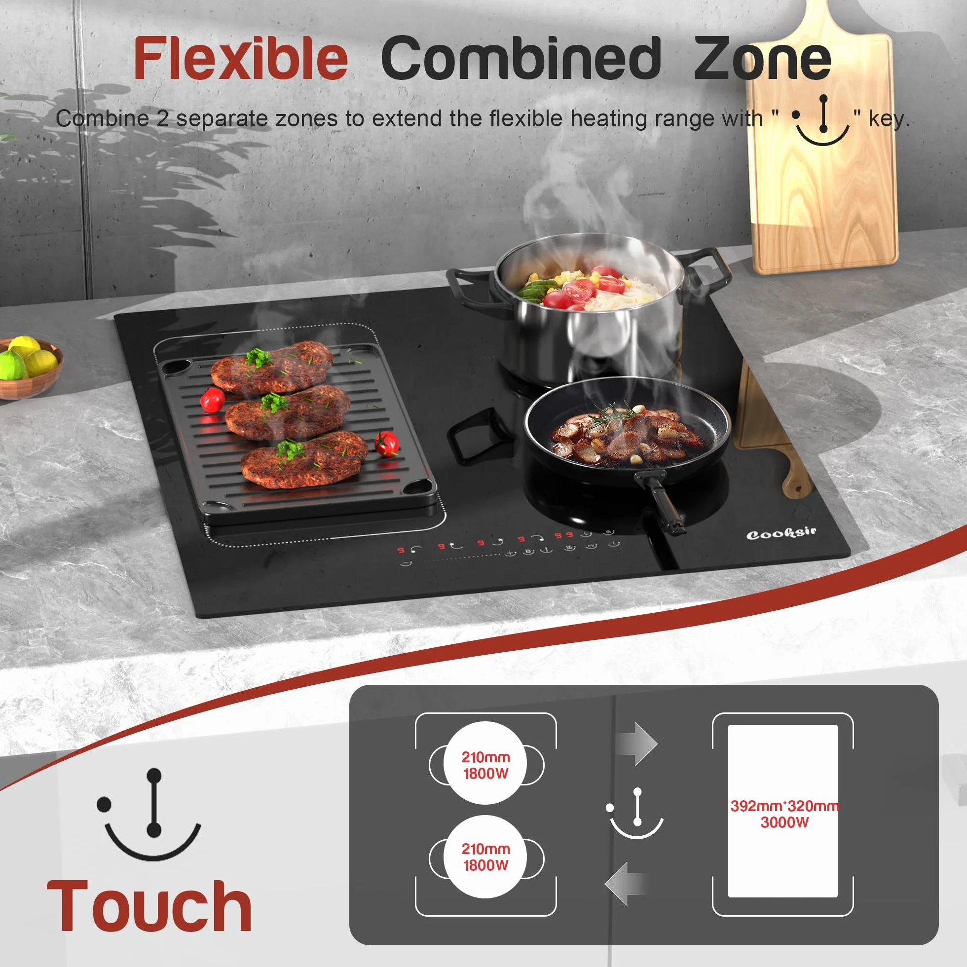 Płyta indukcyjna z wtyczką, Cooksir Płyta Indukcyjna 4 płyty, Wbudowana 60CM, Elastyczna Połączona Strefa, Płyta Kuchenna Autonomiczna, 3500Wat, 220V, 50Hz, wtyczka 16A