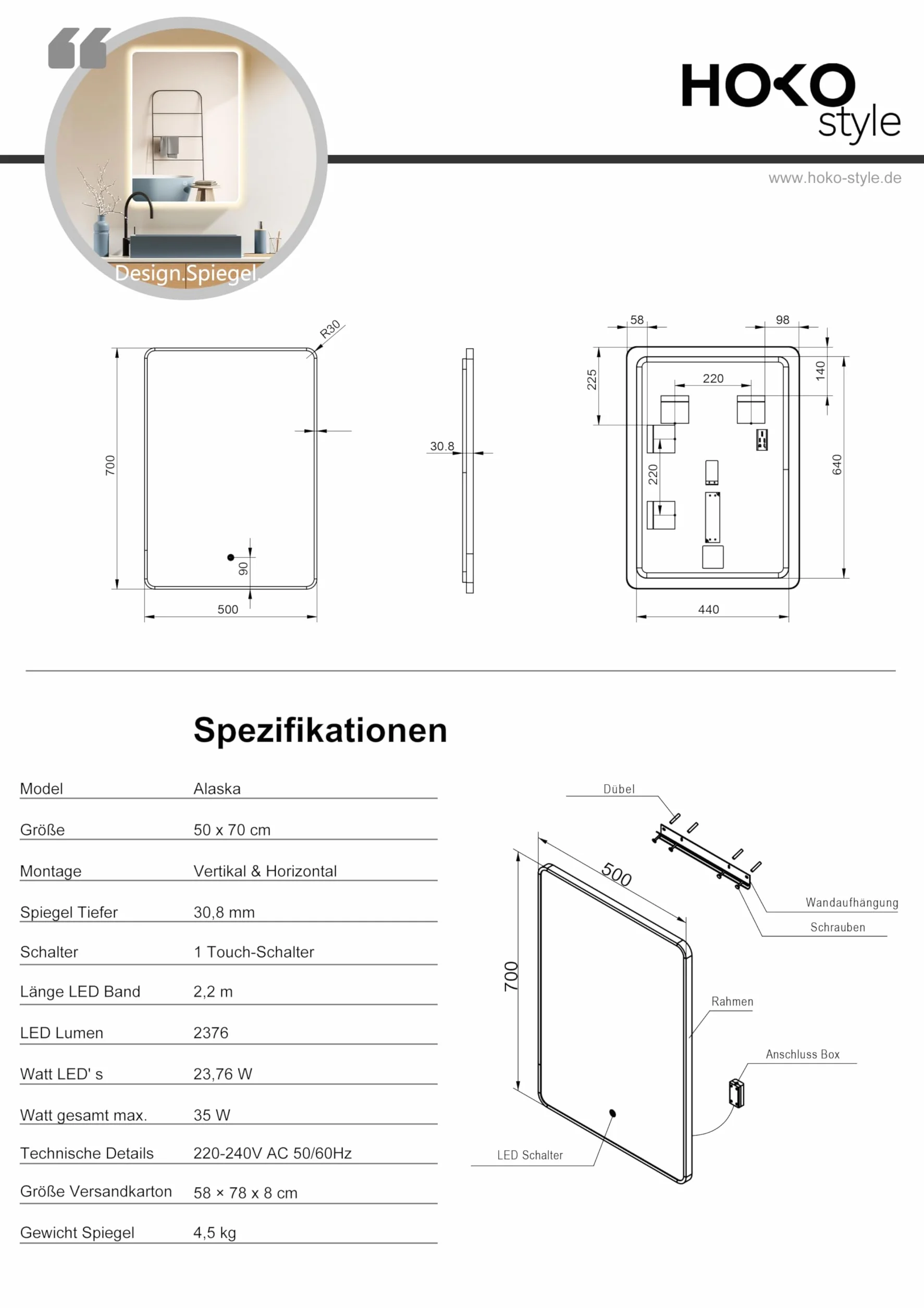 HOKO Lustro łazienkowe LED 50 x 70 cm / 70 x 50 cm Alaska z białą metalową ramą, montaż WYSOKI + POZIOMI. Przełącznik dotykowy, funkcja pamięci + zmiana światła ciepła biel zimna biel neutralna