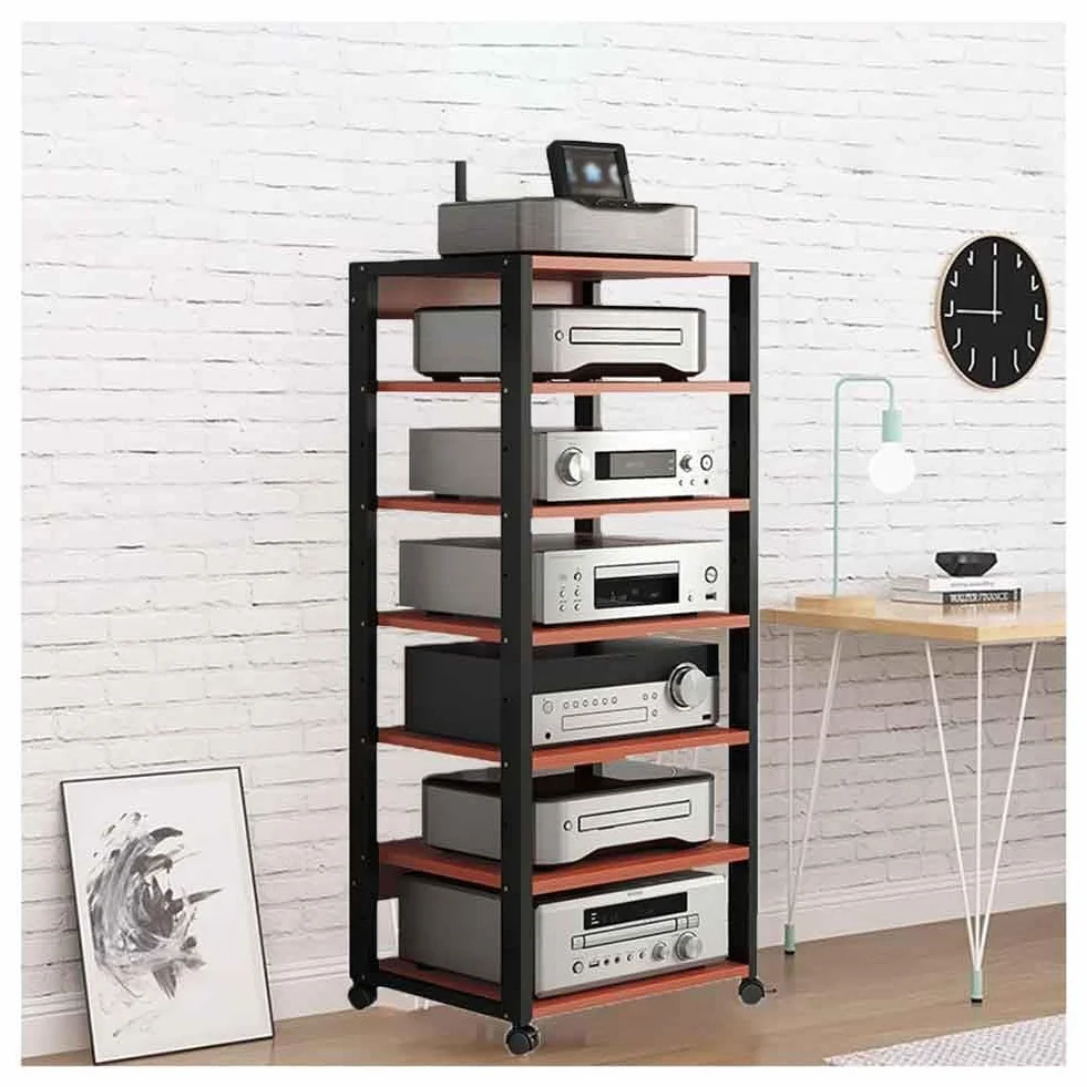 7-poziomowa półka audio HiFi, stylowy stojak na audio i wideo do salonu i studia, pusty deflektor do wzmacniacza i siatki na sprzęt (czerwony)