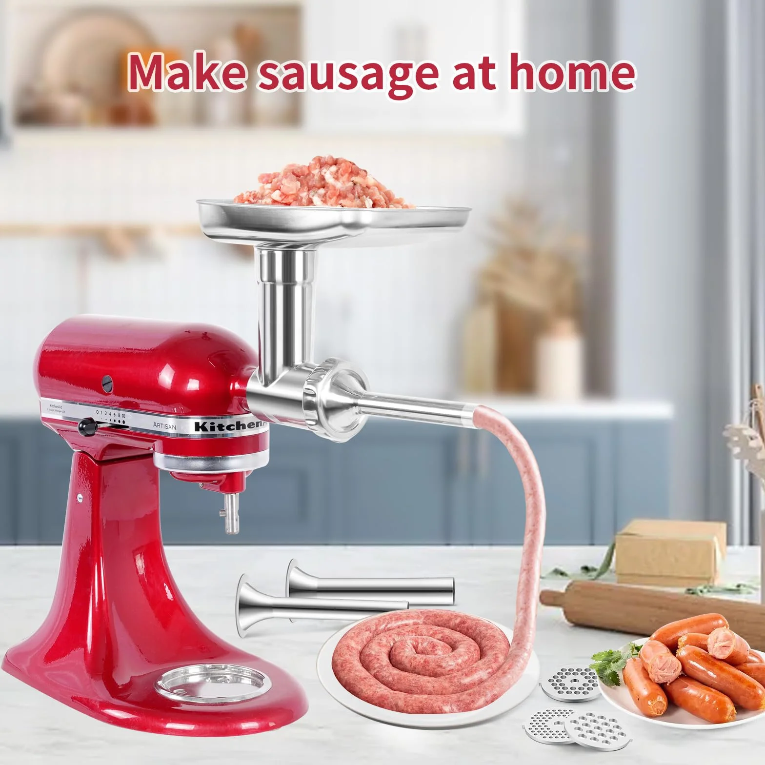 Metalowy młynek do żywności ze stali nierdzewnej, kompatybilny z mikserami stojącymi KitchenAid, zawiera 3 rurki do nadziewania kiełbasy, nadaje się do mycia w zmywarce