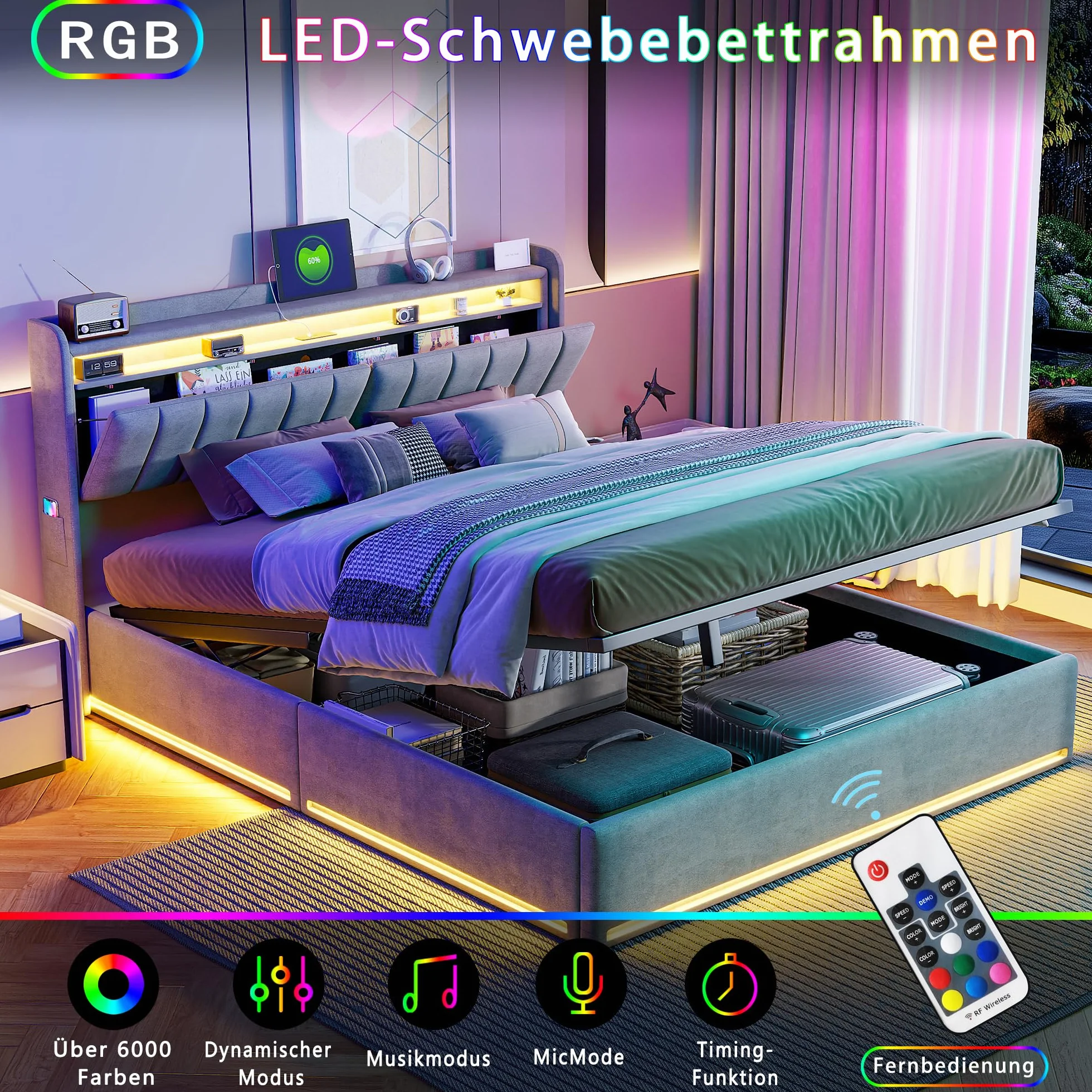 Łóżko 160x200 z pojemnikiem i oświetleniem LED,łóżko podwójne z tapicerowanym zagłówkiem,łóżko podwójne z listwowym stelażem dla dorosłych i nastolatków,hydraulicznie tapicerowana rama łóżka