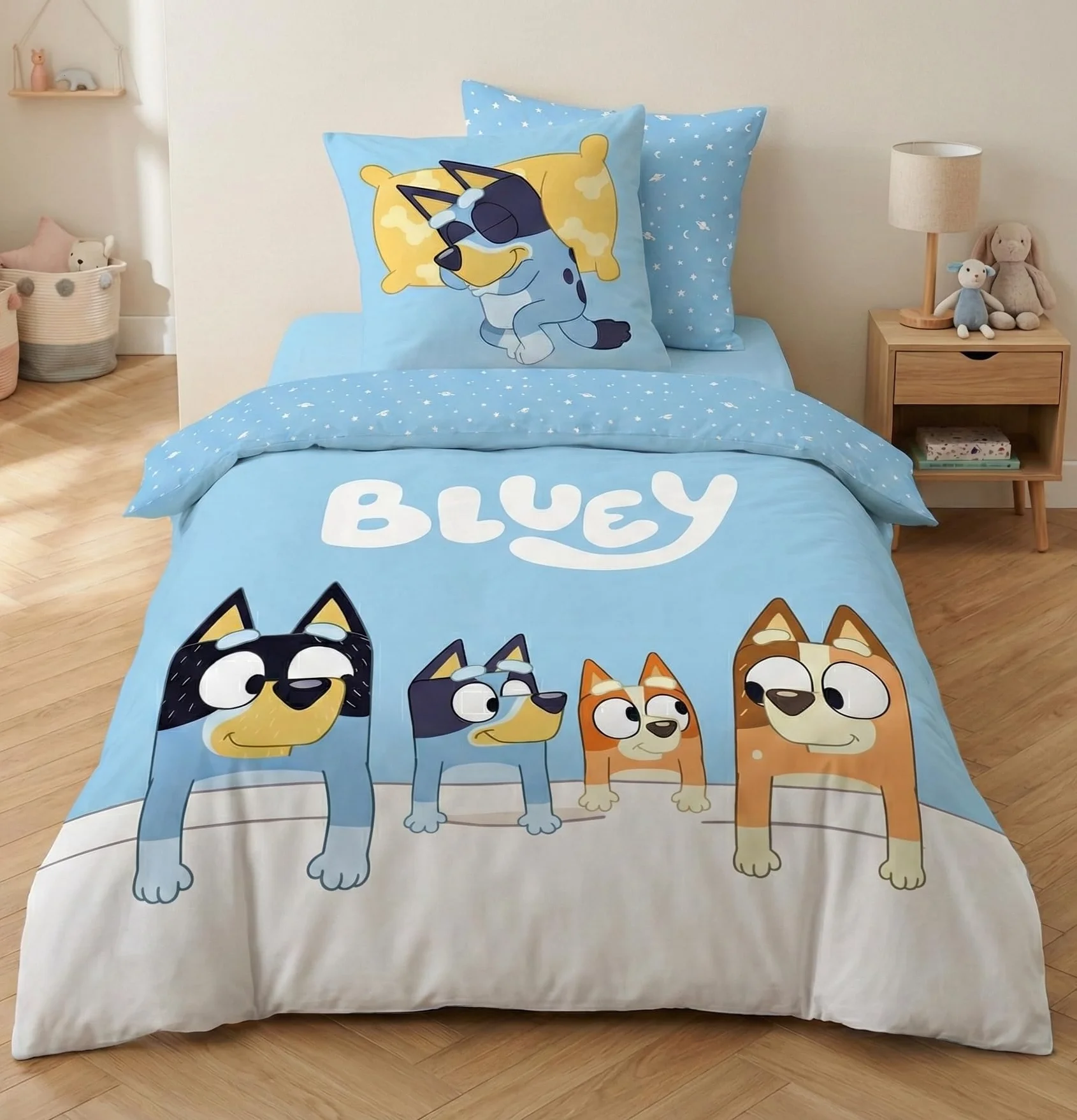 Aymax Bluey Family dwustronny komplet pościeli, 1 osoba, dwustronna poszwa na kołdrę 140 x 200 cm + poszewka na poduszkę 65 x 65 cm, bawełna poliestrowa