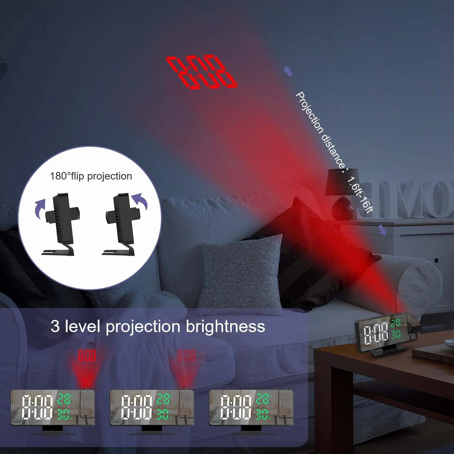 Projekcyjny budzik, budzik nocny z projektorem 180°, 7,8-calowy cyfrowy zegar z lustrem LED, temperaturą i wilgotnością, 4 regulowane jasności, drzemka, zegary do sypialni [Biały+Zielony]
