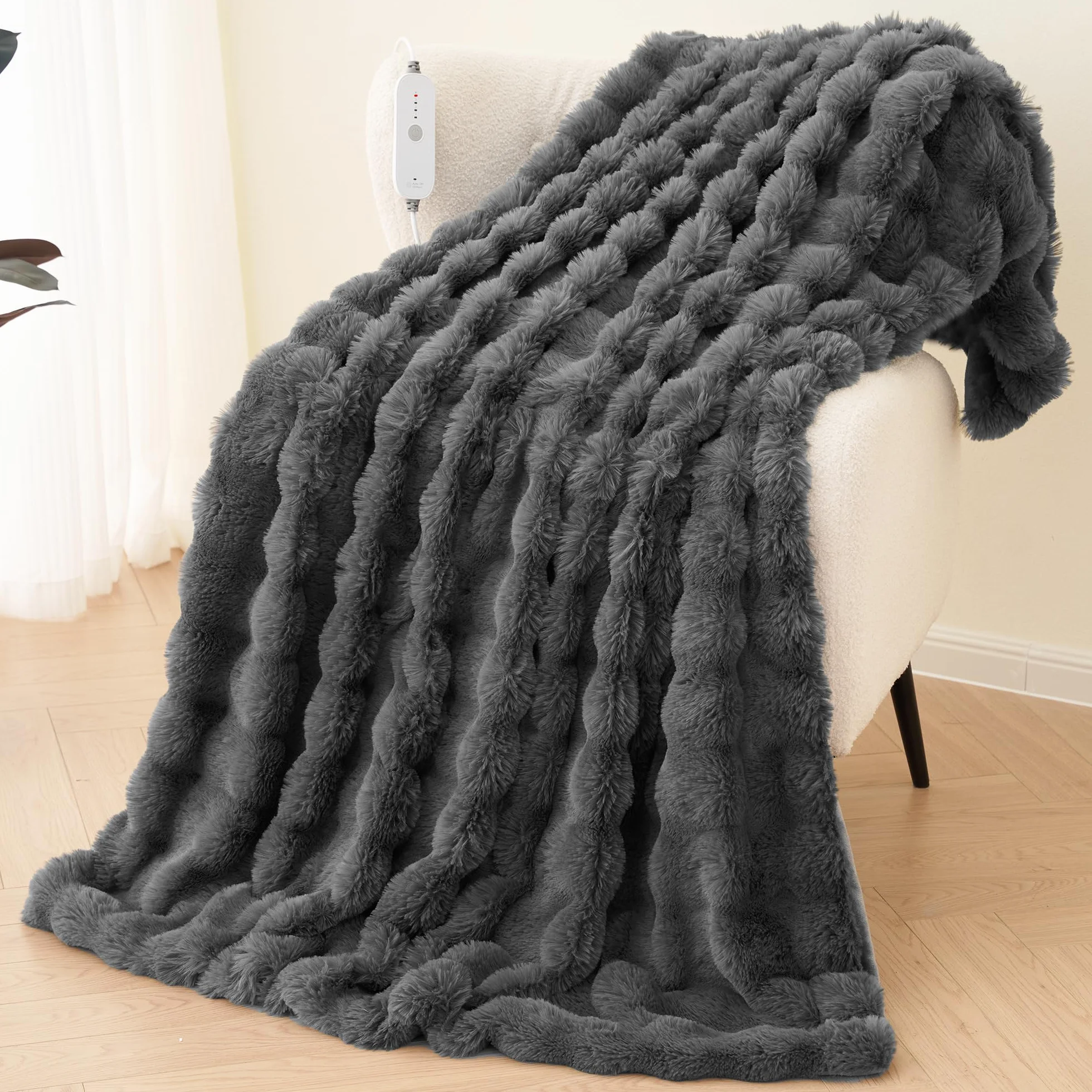 Elektryczny Koc Grzewczy 150x200 cm, Puchaty Wzór Bąbelków z Polarem Króliczym i Flanelą, 4 Poziomy Grzania, Auto-Wyłącznik 10H, Nadaje się do Prania w Praniu Maszynowym do Łóżka, Sofy, Biura (Szary)