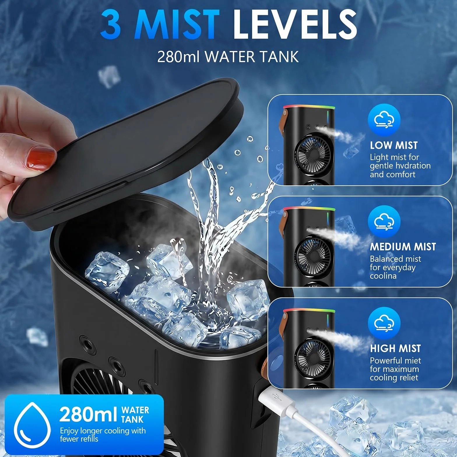 Przenośna klimatyzacja, mini chłodnica powietrza, mini wentylator USB, 280 ml, 3 prędkości, 3 tryby mgły, 7 kolorów światła, do domu, biura