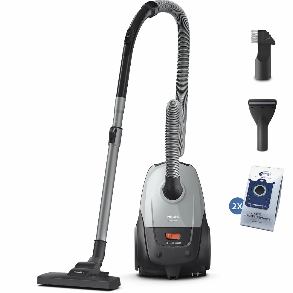 Odkurzacz workowy Philips Seria 2000 – Kompaktowy i lekki, silnik 800 W, filtr HEPA wyłapuje 99,9% kurzu, końcówka wielofunkcyjna, zasięg 9 m, duży worek na kurz (XD2142/12)