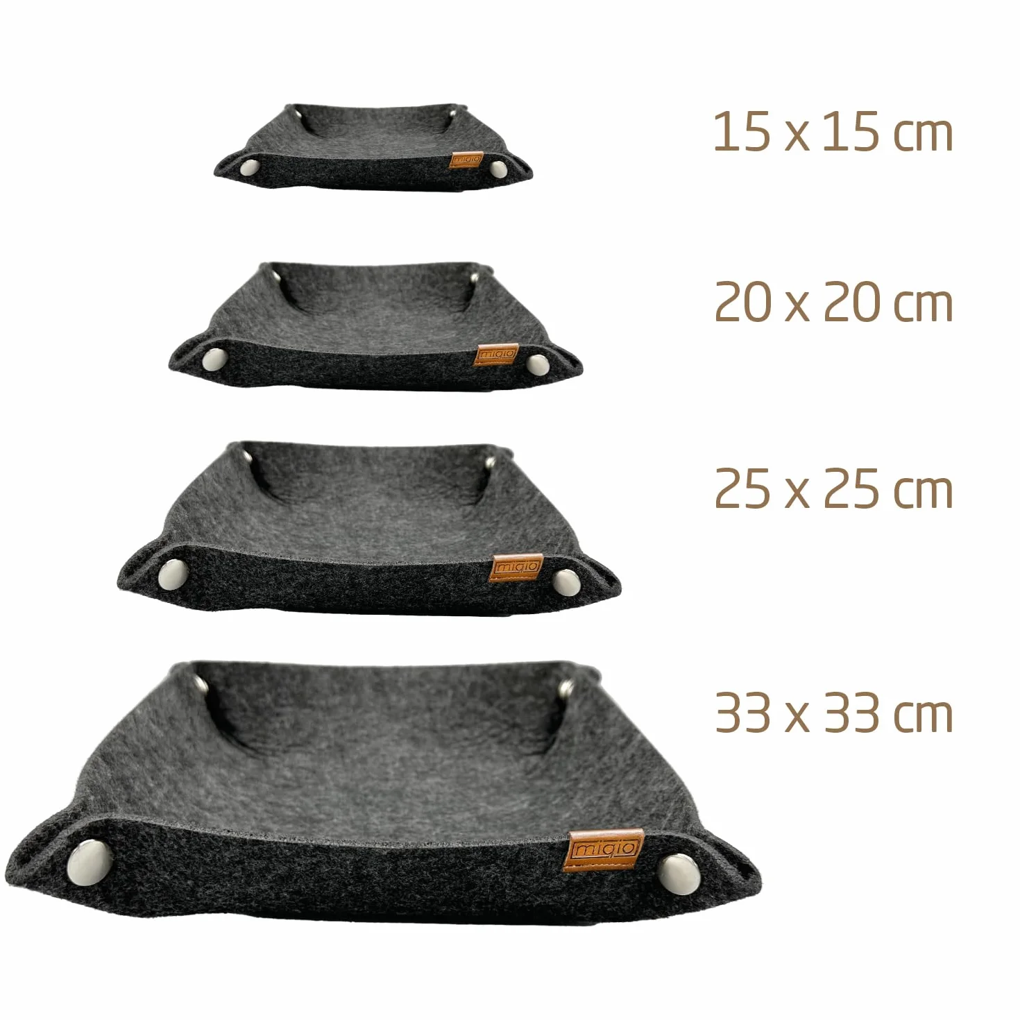 MIQIO® Designerskie miseczki filcowe premium z zatrzaskami – zestaw 3 + 1 – kwadratowy kosz do przechowywania listów, kluczy, smartfona – składana miska na przybory – ciemnoszare
