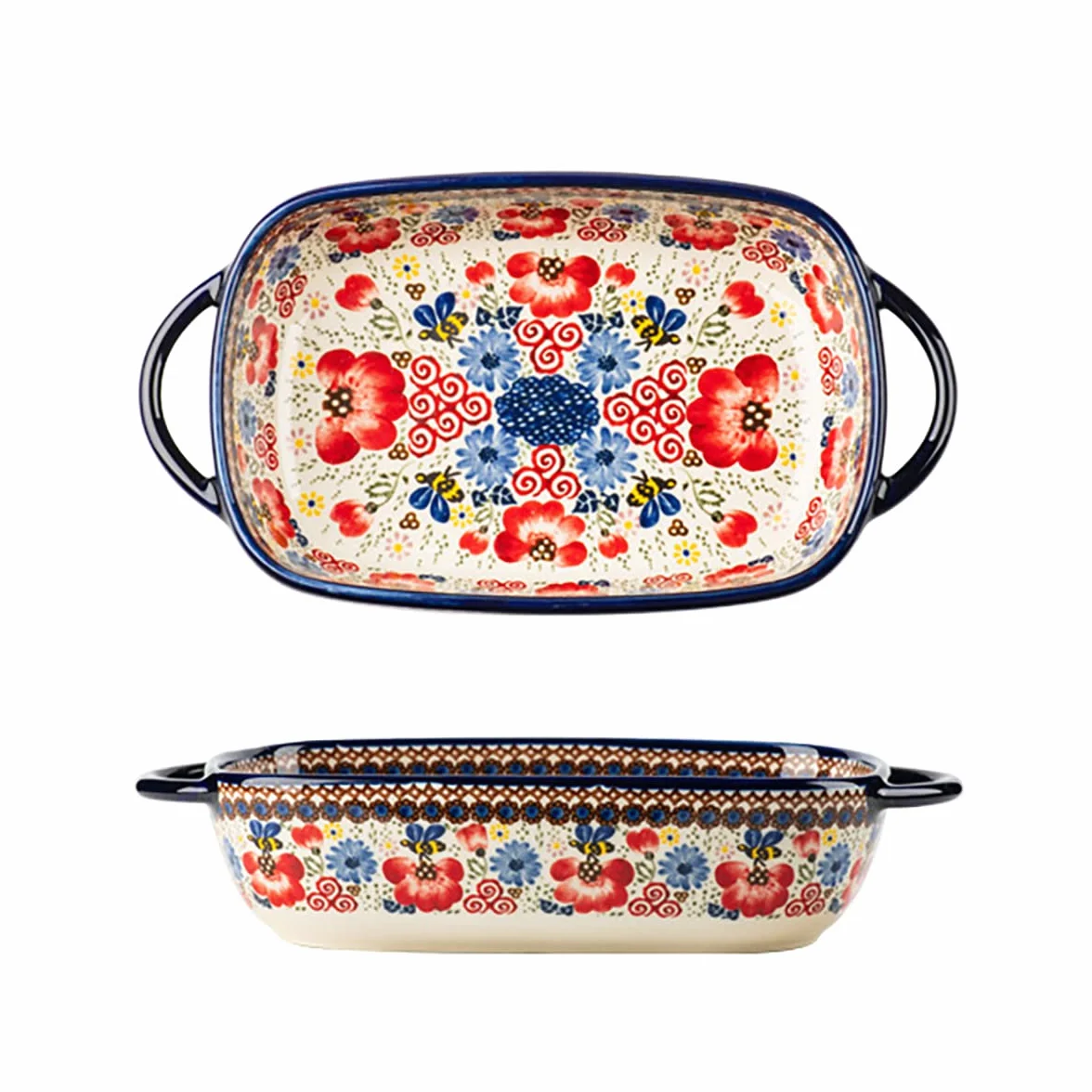 Ceramiczne naczynia do pieczenia w stylu vintage kwiaty patelnia do pieczenia lasagne patelnie do pieczenia z uchwytami do piekarnika/gotowania / kuchni - 1 szt. - czerwone kwiaty - 625 ml