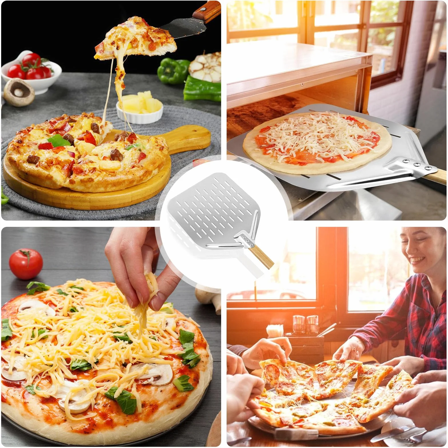 Łopatka do pizzy 40x30 cm (12 cali), perforowana, ze stali nierdzewnej, z drewnianym, wymiennym uchwytem. Idealna do piekarnika i grilla.