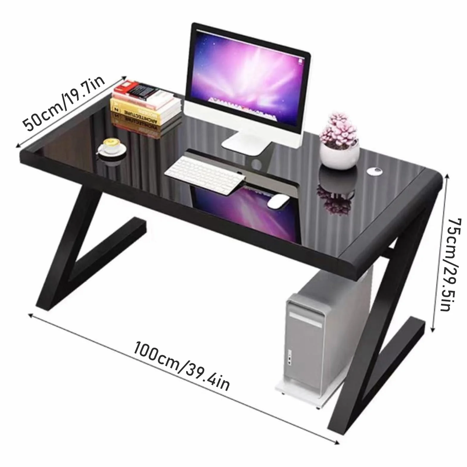 Nowoczesny design Biurko komputerowe ze szkła hartowanego z metalową ramą w kształcie litery Z, do domowego biura, gier i nauki, 90 cm, czarne