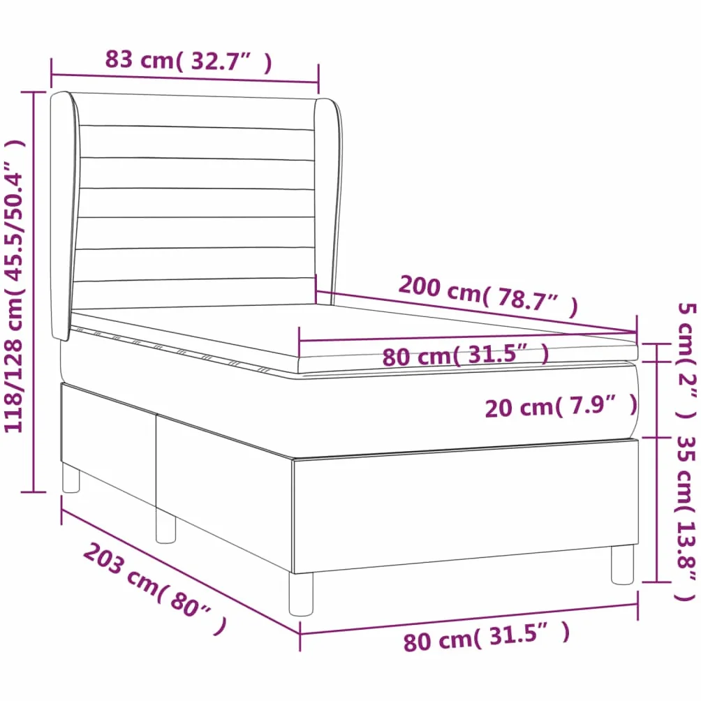 Łóżko kontynentalne z materacem 80 x 200 cm, ciemnobrązowe, materiałowe łóżko tapicerowane z zagłówkiem o regulowanej wysokości i materacem ze sprężynami kieszeniowymi, do sypialni i łóżka dla