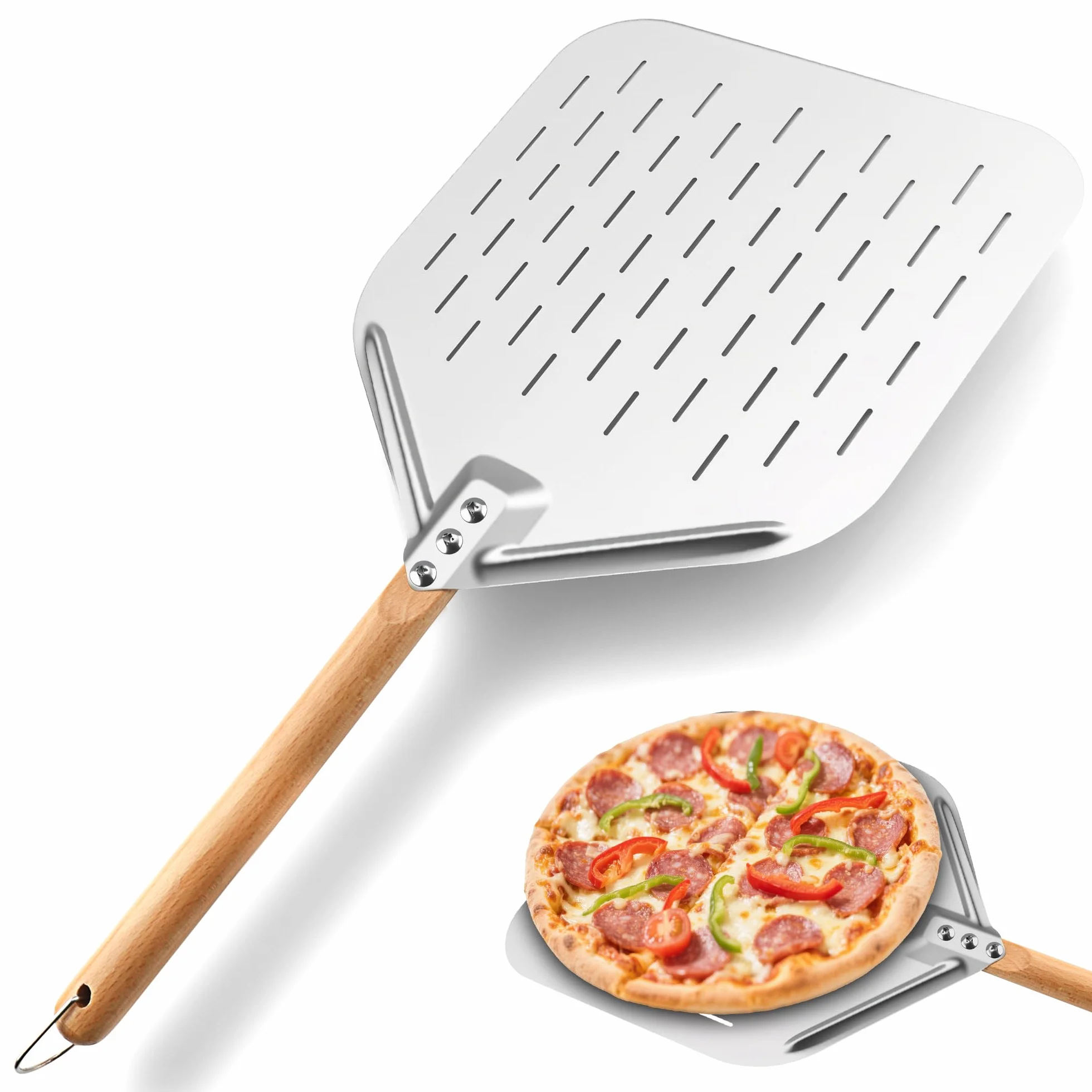 Łopata do pizzy Foydream,nóż do pizzy ze stali nierdzewnej z wyjmowanym uchwytem,​​łopata do pizzy 30,5 * 39 cm i 43 cm ergonomicznym drewnianym uchwytem, ​perforowana pizza do pieczenia chleba w domu