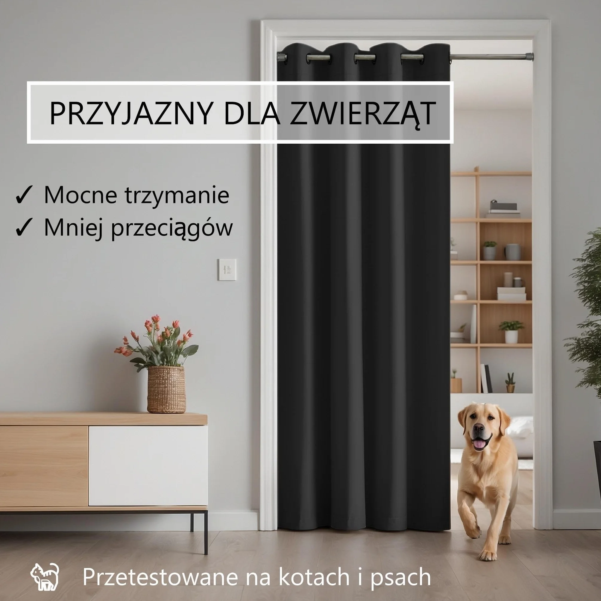 Zasłona do drzwi z drążkiem teleskopowym, łatwy montaż w 1 minutę bez wiercenia (czarna zasłona drzwiowa + srebrny drążek, zasłona 200 x 150 cm (wys. x szer.) + drążek 70–120 cm)