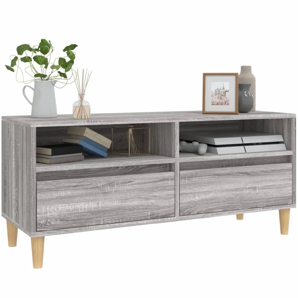 Szafka TV Sonoma szara 100 x 34,5 x 44,5 cm, materiał drewnopochodny, uniwersalna podstawka pod telewizor, trwała szafka na media do salonu, sypialni, uniwersalna konsola multimedialna
