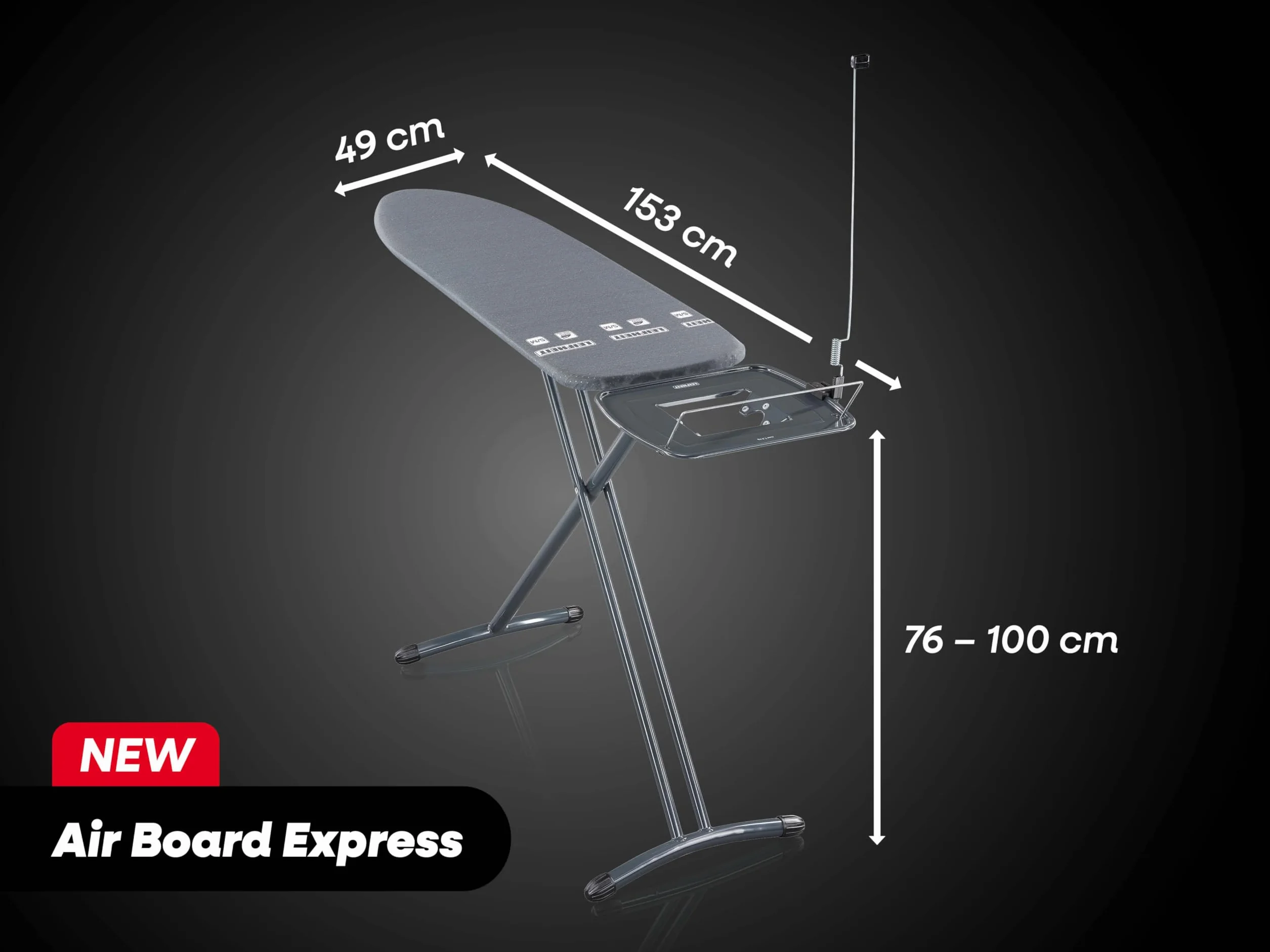 Leifheit Air Board Express M Black, stylowa deska do prasowania o wymiarach 120x38 cm, odpowiednia do stacji parowych, regulowana pod względem wysokości i zajmująca mało miejsca podczas przechowywania