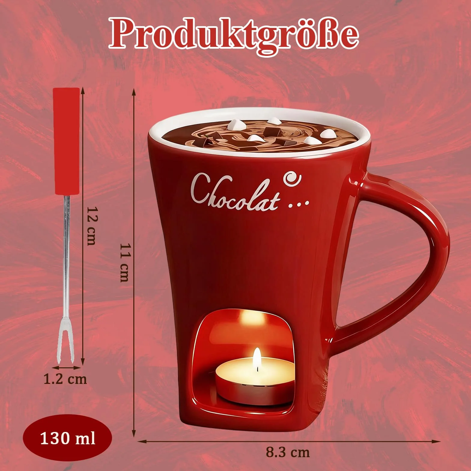 Czerwona filiżanka do fondue czekoladowego z widelcem, ceramiczny zestaw do fondue czekoladowego, 130 ml, mini kubek do fondue czekoladowego, wielofunkcyjny, do sera, czekolady, masła i pianek