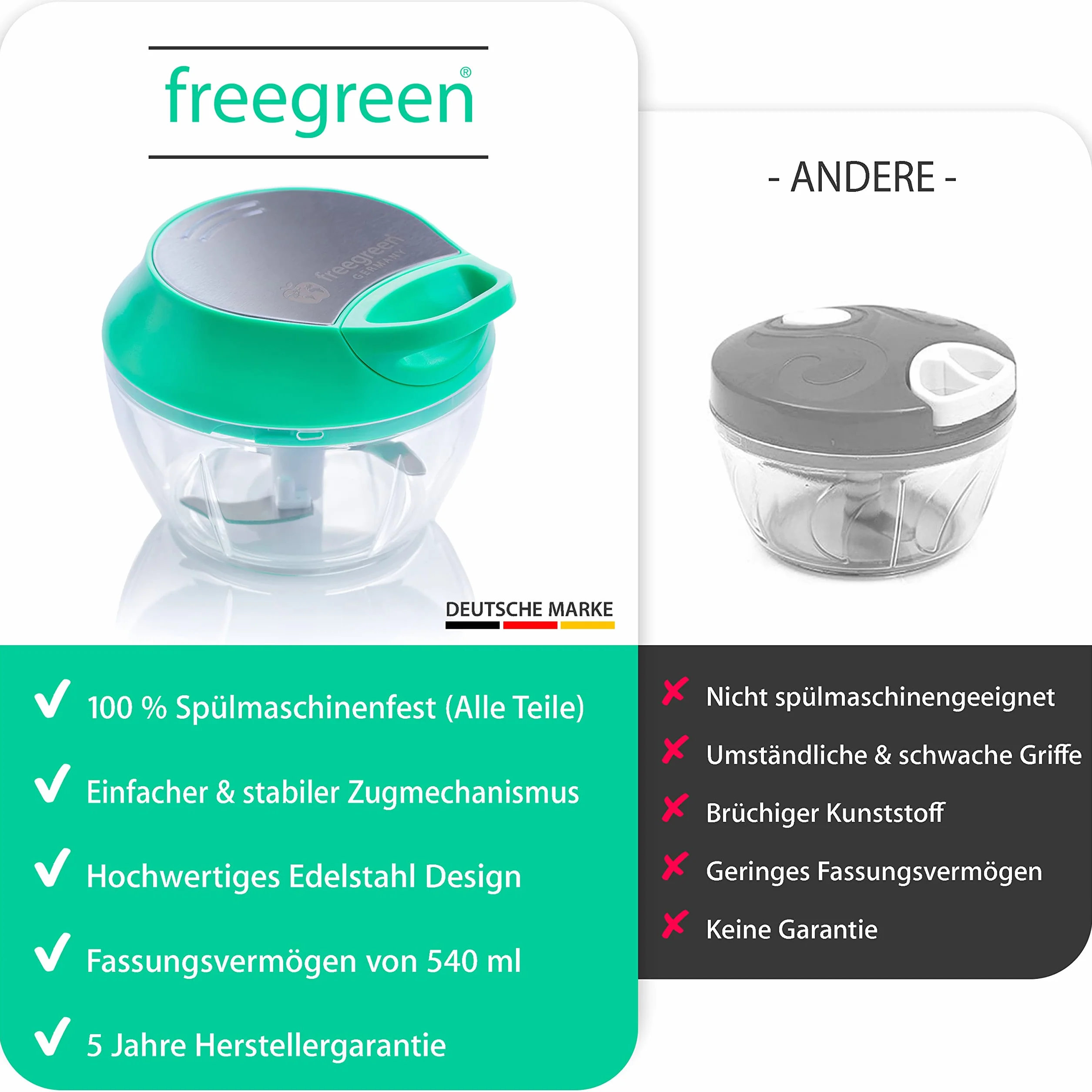 freegreen® Germany krajalnica do warzyw 540 ml, wielofunkcyjna szatkownica, uniwersalna szatkownica, idealna do owoców i warzyw, cebuli, czosnku, pomidorów, orzechów