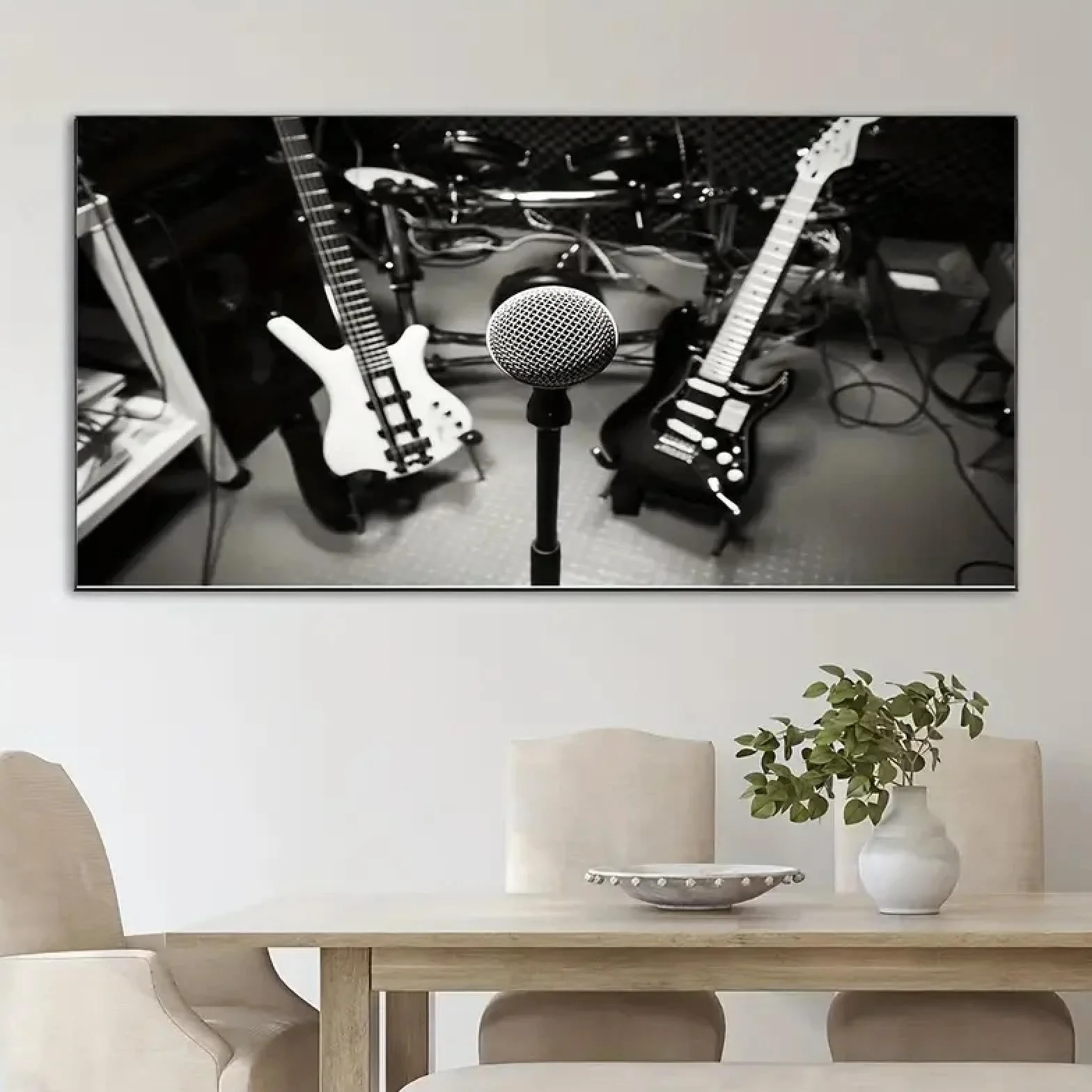 ZHAOLIN Czarno-biały styl plakat z nadrukiem na płótnie, instrumenty muzyczne obraz na gitarze, sztuka ścienna na płótnie, grafika farba ścienna 55 x 110 cm wewnętrzna ramka