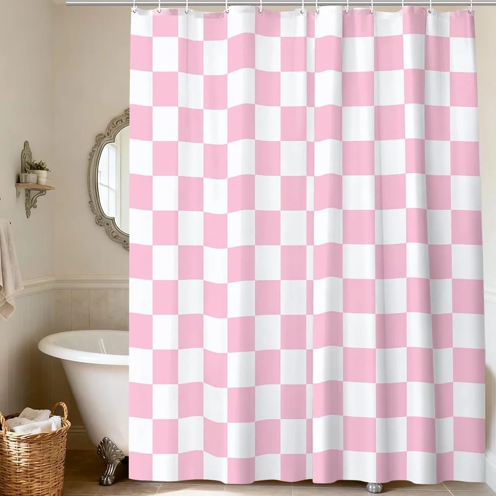 AUYAO Zasłona prysznicowa w stylu retro, wzór w kratkę, 180 x 200 cm, wodoszczelna, odporna na pleśń, z 12 haczykami, styl vintage, różowo-biała
