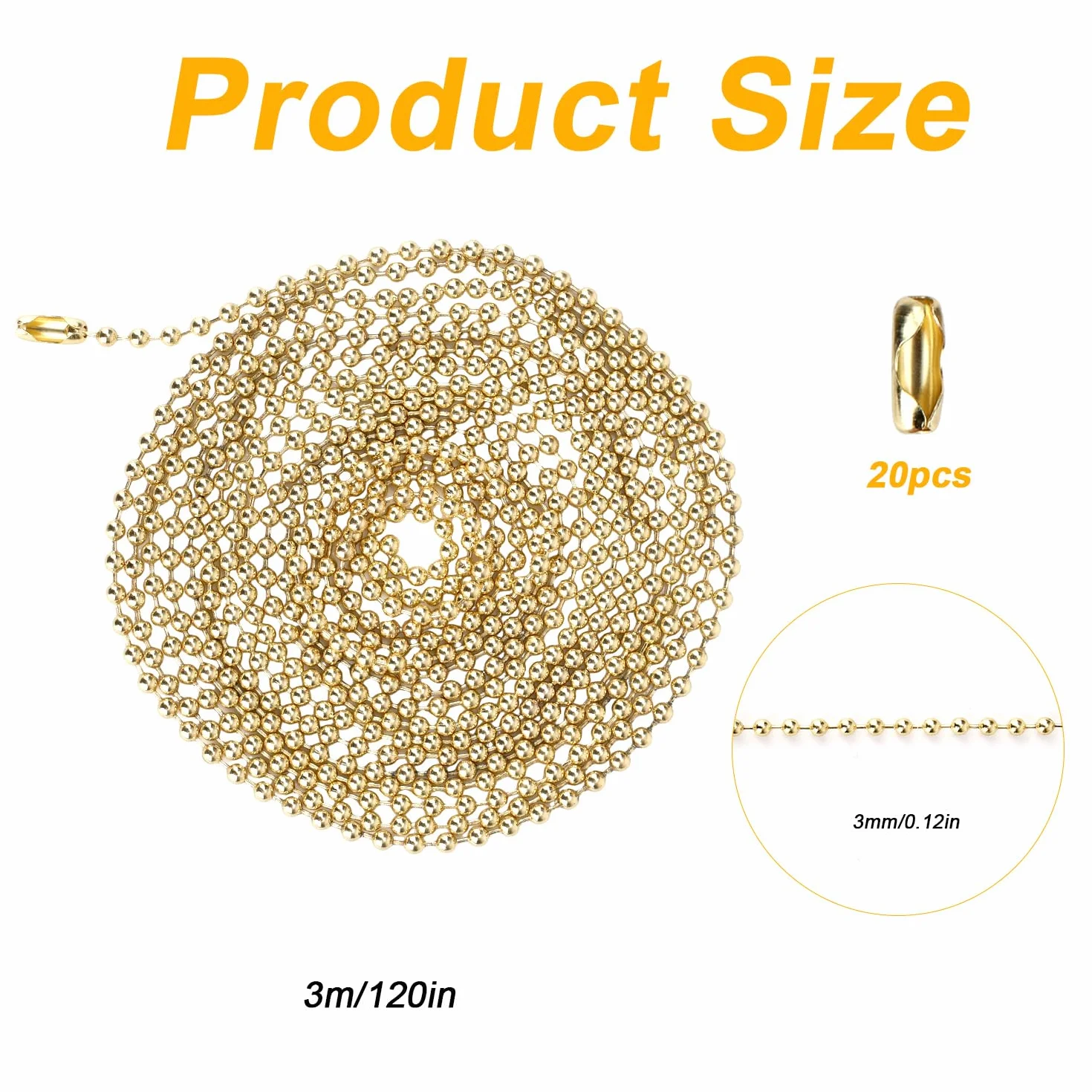 3m Sufitowy Łańcuszek Wentylatora, 3mm Koralik Premium Metalowy Łańcuszek Przedłużający Światło z 20szt Łączników Praktyczne Akcesoria Opraw Oświetleniowych i Majsterkowania(Złoty)