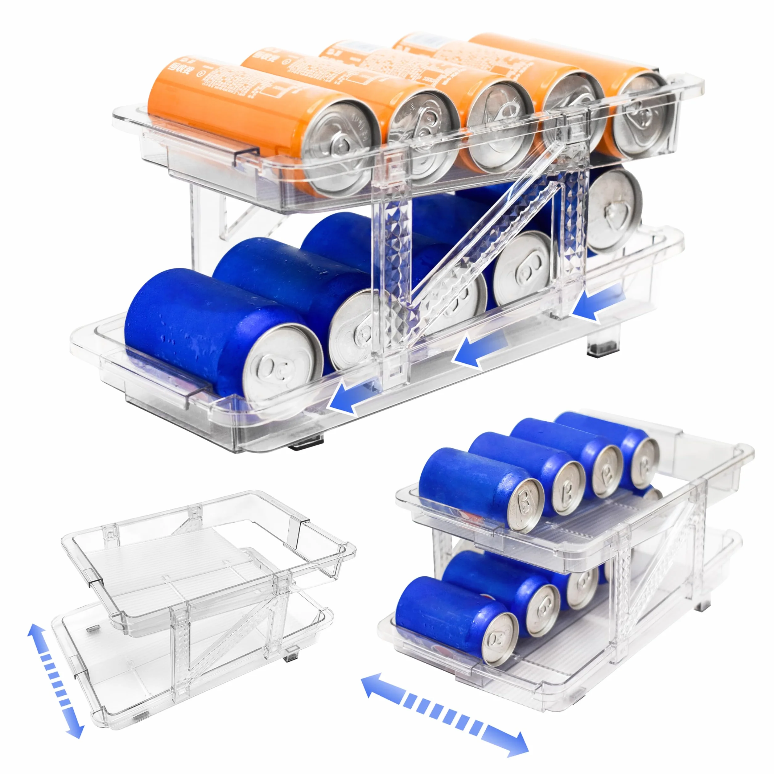 Guermok Automatyczny organizer na napoje do lodówki, szeroki, regulowany organizer na napoje do lodówki, dozownik do spiżarni, 340 ml, 473 ml, 567 ml, uchwyt na puszki do napojów do lodówki