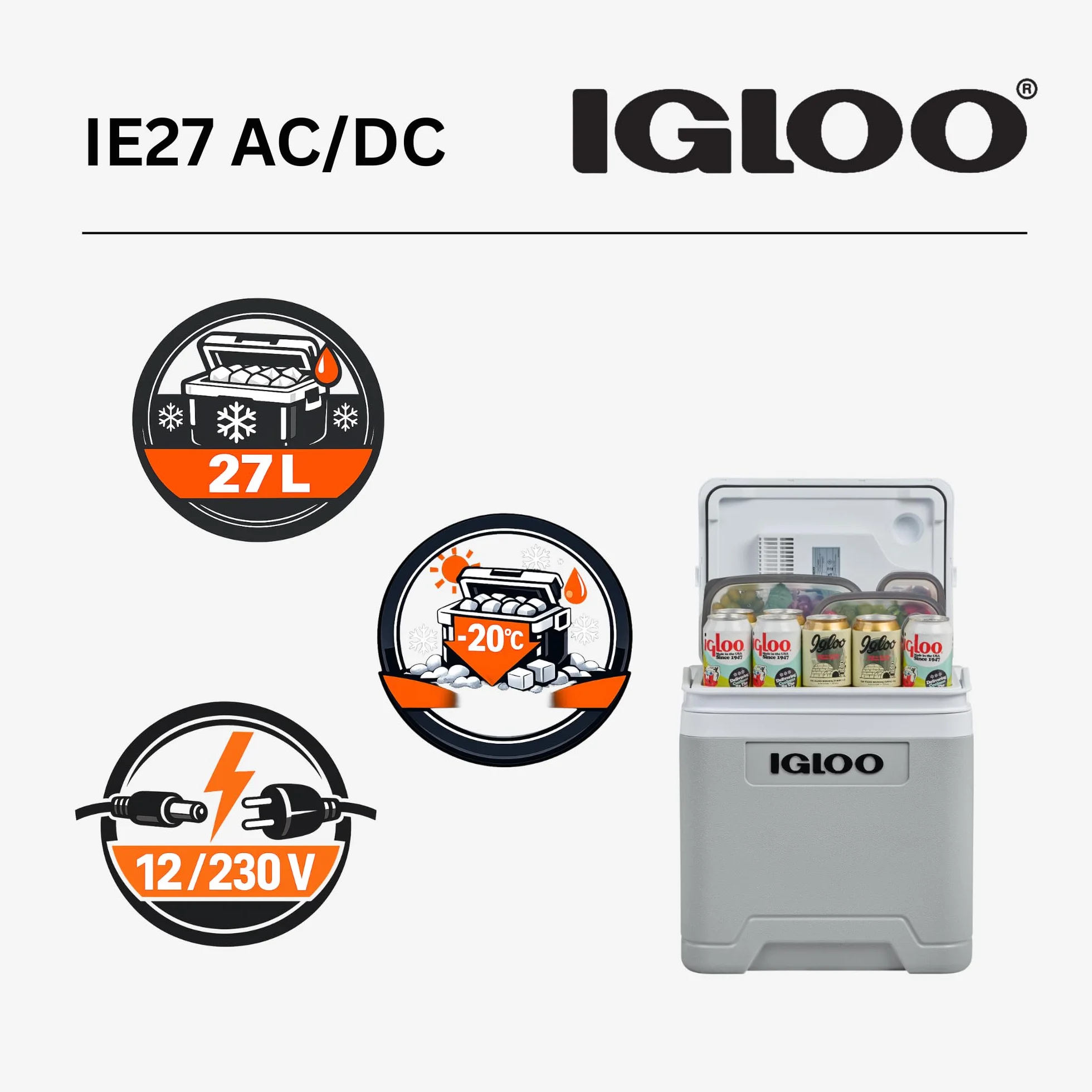 IGLOO IE27 elektryczna lodówka turystyczna 12V/230V, 26L – kompaktowa lodówka samochodowa na kemping, wakacje, łódź i festiwale, lekka i przenośna, ze schowkiem na kabel oraz trybem Eco/Max
