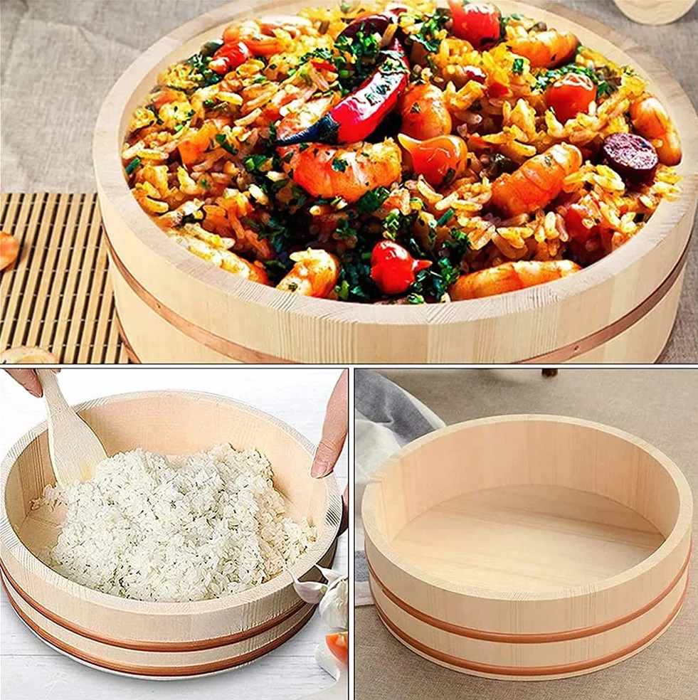 Adima Drewniana wanna do mieszania ryżu Hangiri sushi miska na ryż sushi Oke sushi restauracja dom kuchnia ryż beczka, 45 x 11 cm