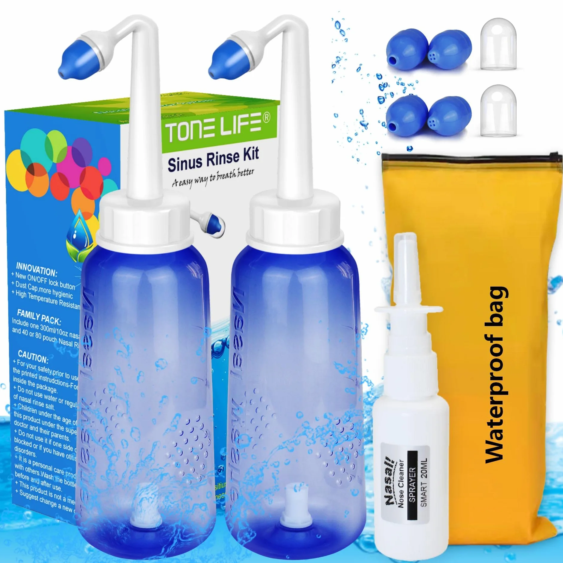 Neti Pot-2 botellas+4 boquillas+spray nasal (solo botella) -300 ml Neti Pot Sinus Rinse Kit de enjuague para senos nasales -Limpiador de nariz y riego sinusal -Pulverizador nasal bloqueado de nariz
