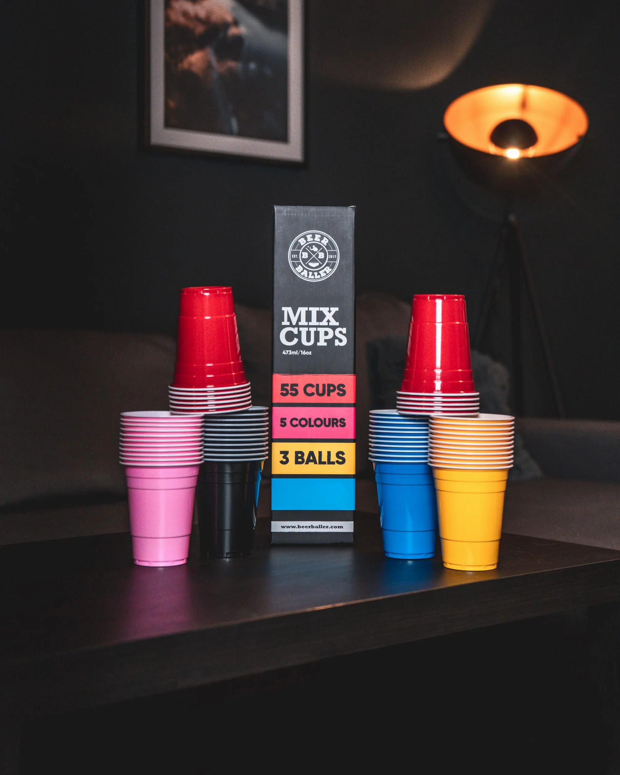 BEERBALLER® Mix Cups - 5 kolorów - 55 kubków do piwnego ponga - 3 piłeczki do piwnego ponga | 473 ml - kubki imprezowe 16 uncji | można myć w zmywarce i wielokrotnego użytku