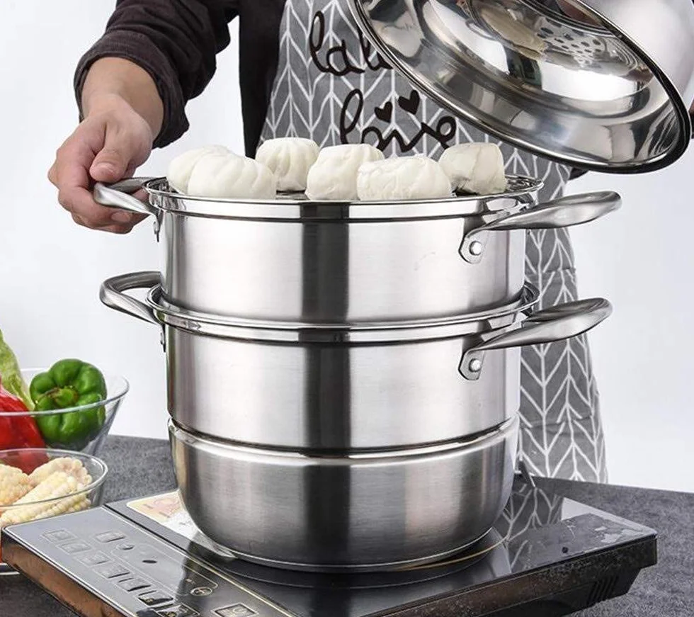 Zestaw 3-poziomowych naczyń do gotowania na parze ze stali nierdzewnej, wielofunkcyjny garnek do gotowania na parze, kuchenka indukcyjna, uniwersalny garnek gazowy, 28 cm (30 cm) (28 cm)