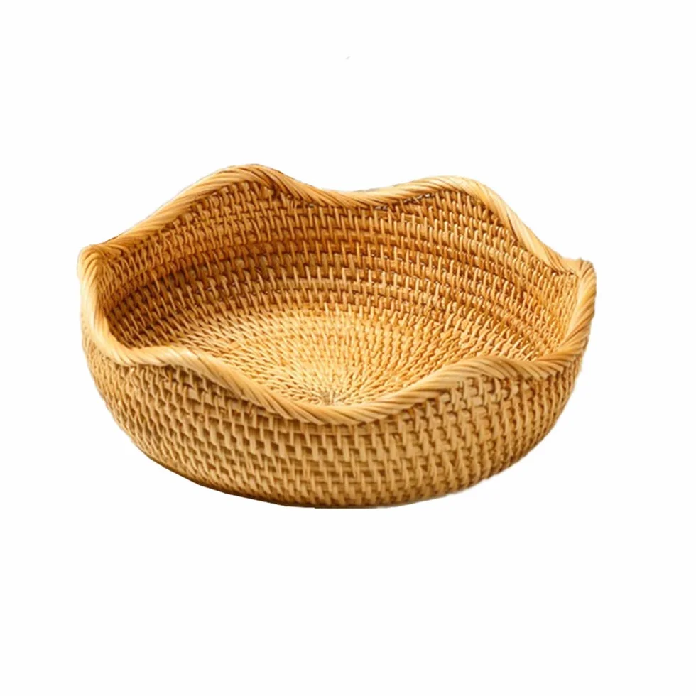 Ręcznie wykonany rattanowy okrągły kosz na owoce, miski do przechowywania żywności, organizer do kuchni, miska do serwowania przekąsek (mały 22 cm)
