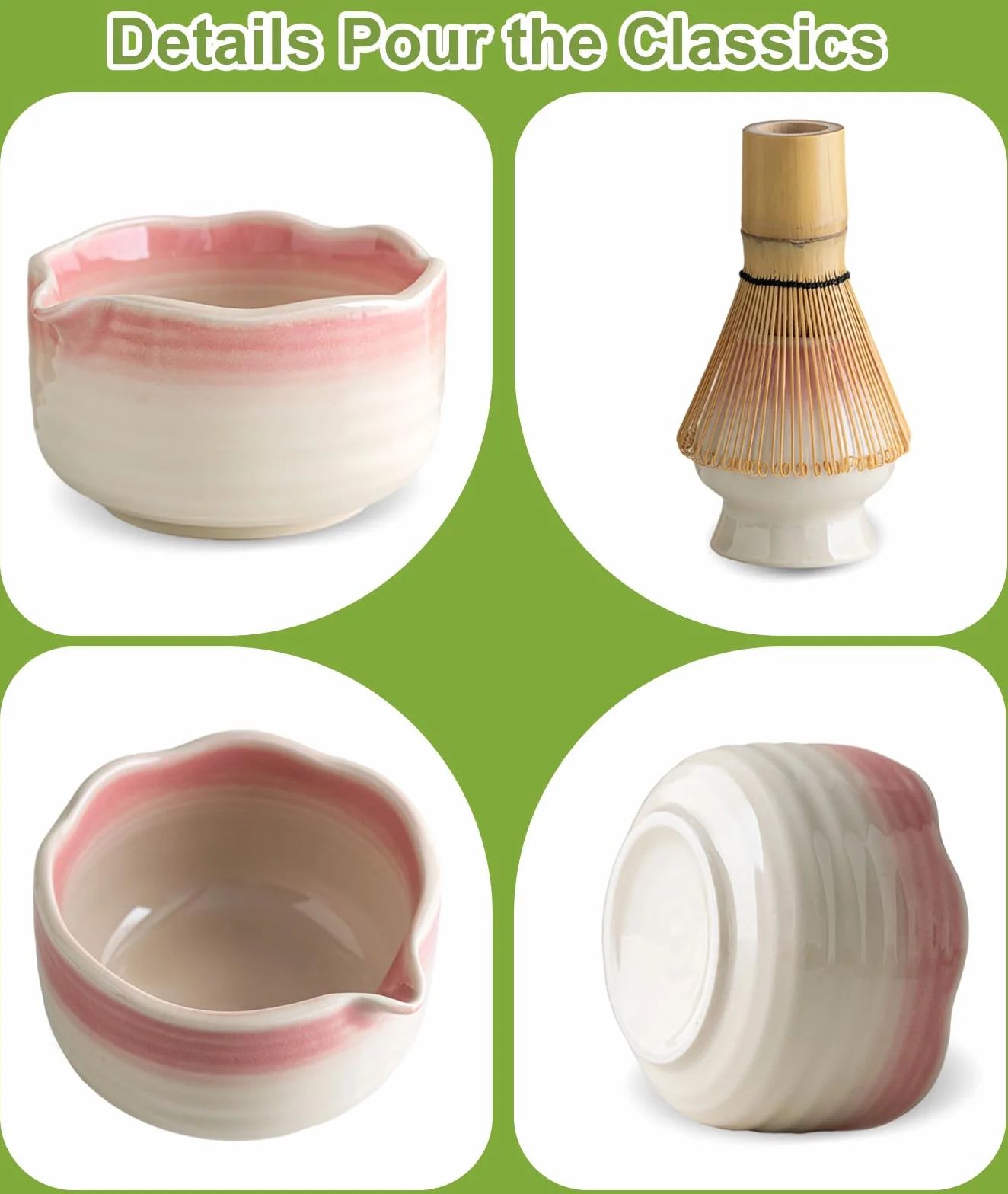 JBER Zestaw do matcha 7-Częściowy - Miotła Bambusowa do matchy, Ceramiczna miseczka z nalewką, Sitko do matchy - Kompletny zestaw do herbaty matcha, Różowy Gradient