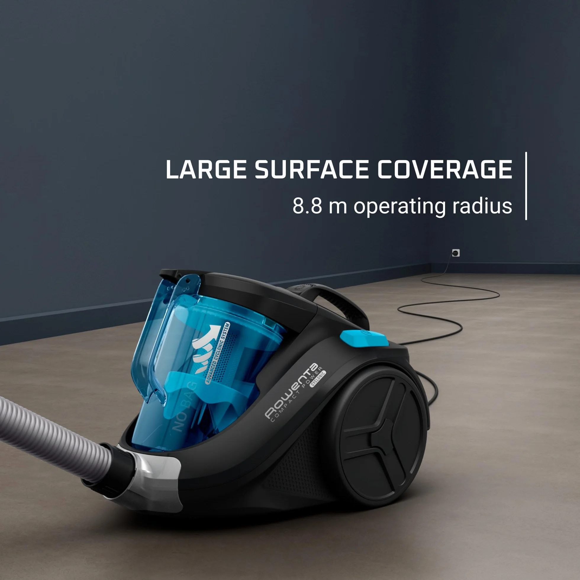 Rowenta RO3731EA Compact Power Cyclonic Odkurzacz Bezworkowy, Tworzywo Sztuczne, 750 W, 1,5 l, Czarny/Niebieski