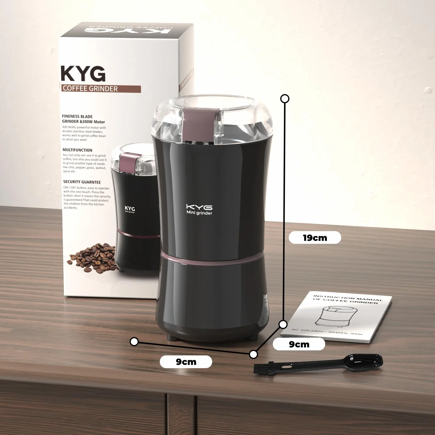 KYG Młynek do kawy, 300 W, pojemność 50 g, ostrza ze stali nierdzewnej, przenośny, do ziaren kawy, przypraw, orzechów, ziół, ze szczotką do czyszczenia
