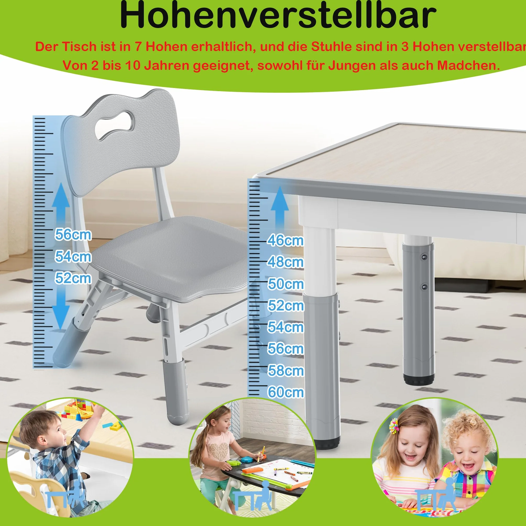 XMTECH Stół dziecięcy z 2 krzesłami 80x60 cm regulacja wysokości HDPE ABS