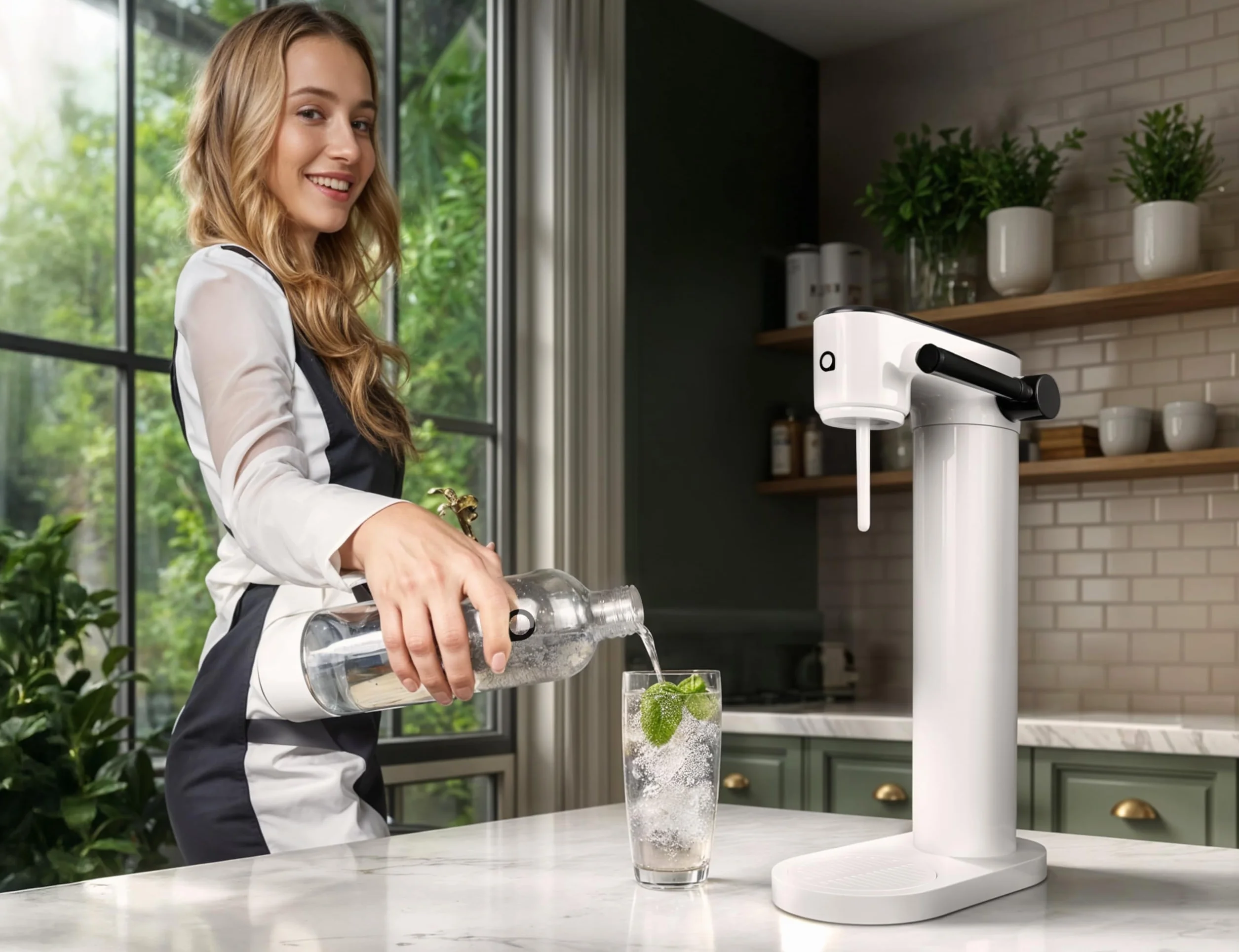 Aquafloow Saturator do Wody Gazowanej z 2 Butelkami 0,8L i Nabojem CO₂ 60L | Domowa Maszyna do Gazowania Wody bez Prądu | Carbonator z Butelkami Wielokrotnego Użytku – Biały