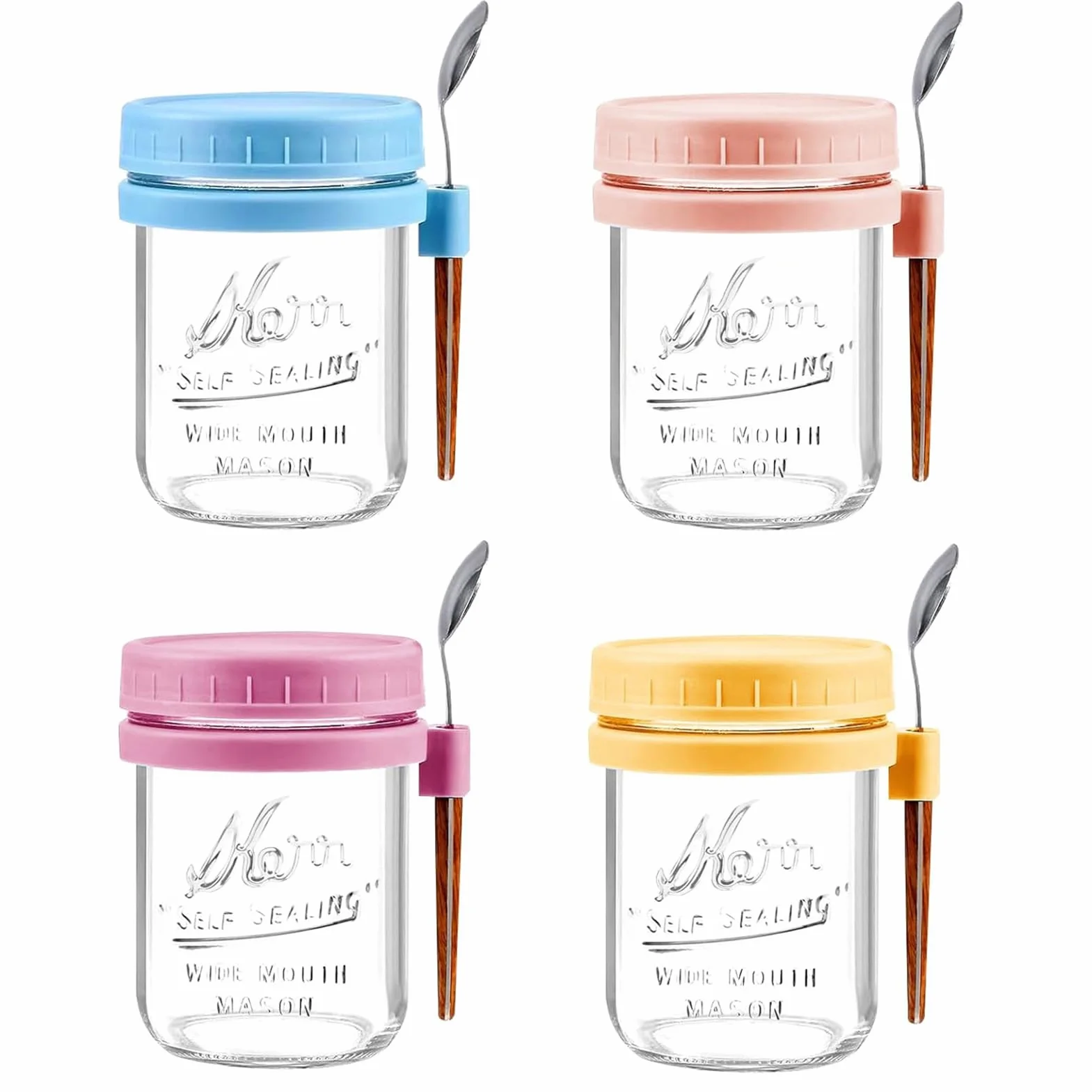 4 Sztuki Overnight Oats Słoiki z Pokrywką i Łyżeczkami, 480 ml Słoik Śniadaniowy na Owsiankę Słoiki do Przygotowywania Posiłków na Chutney, Pudding, Jogurt, Owoce, Przyprawy, Fasola