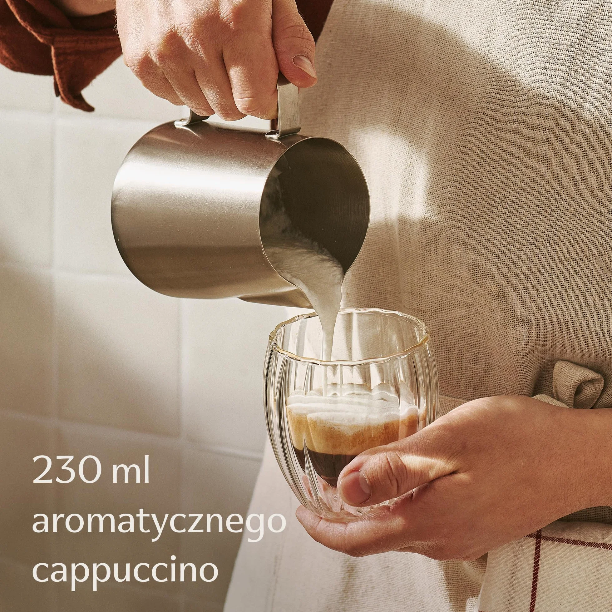 Cosumy Filiżanki do Cappuccino Szklane Dwuścienne 230ml - 4szt - Efekt pływający izolujący ciepło - Żłobkowana konstrukcja - Odporne na ciepło - Można myć w zmywarce (Cappuccino)