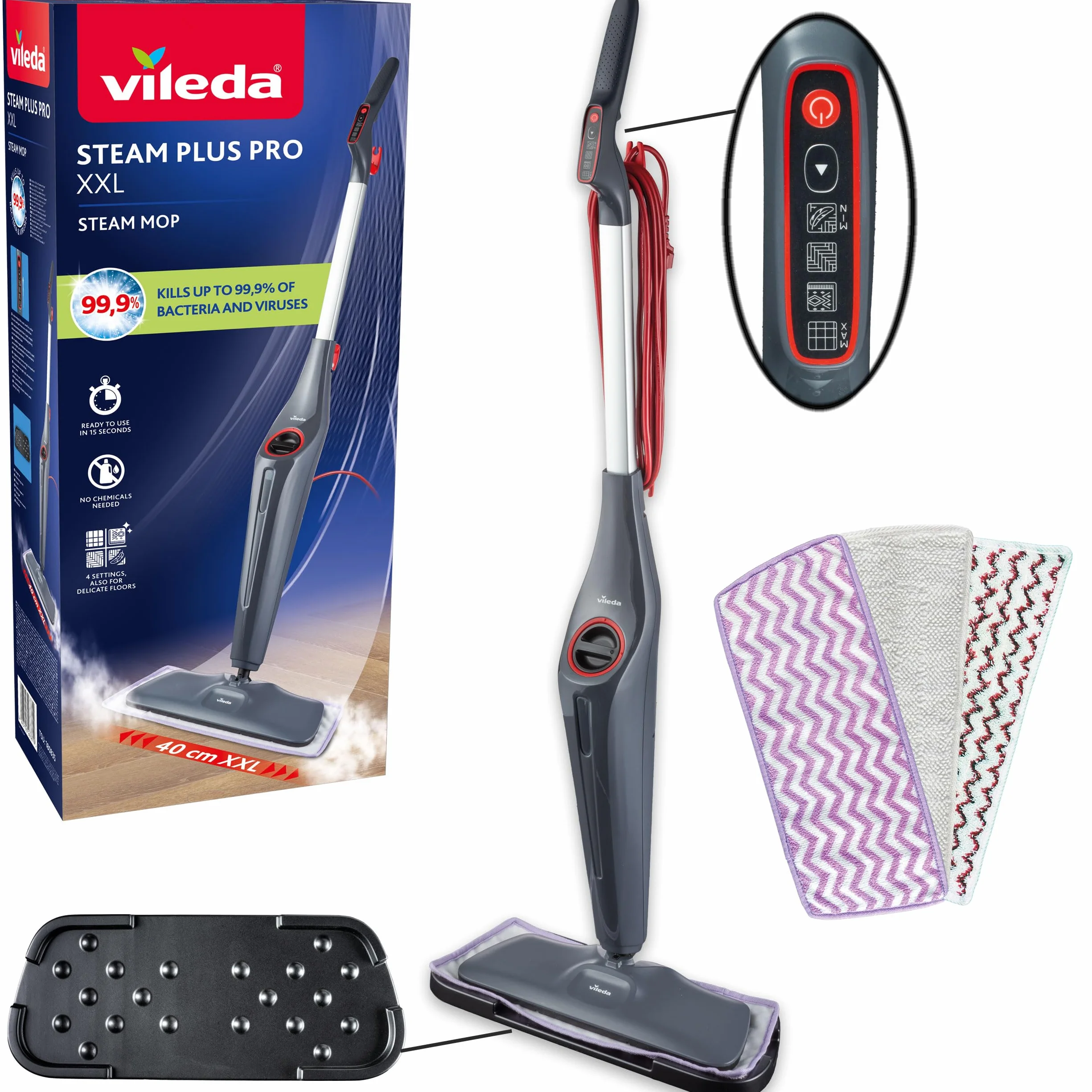 Mop parowy Vileda Steam Plus Pro XXL, zabija do 99,9% bakterii i wirusów, idealny do delikatnych podłóg, z 4 trybami pary, posiada podstawkę do przechowywania