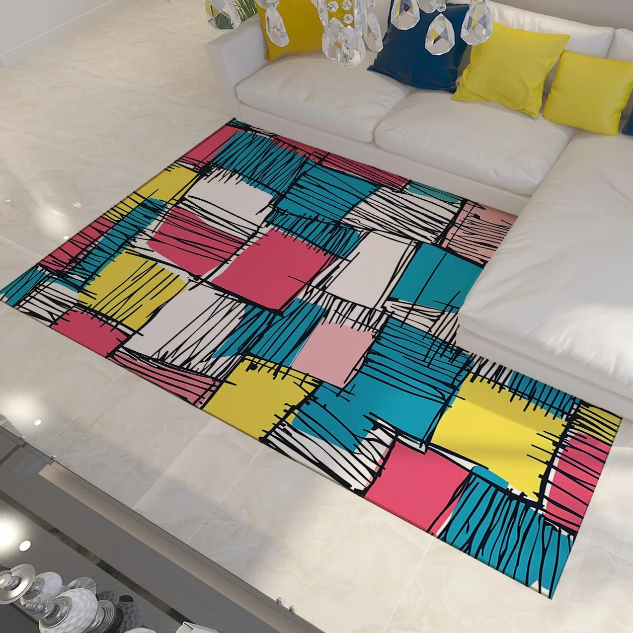Kolorowe dywaniki patchworkowe, nadające się do prania, 150 x 210 cm, kolorowe klocki jaskraworóżowe i żółte i niebieskie, antypoślizgowy dywan, cienka kuchnia, przedpokój, dekoracja podłogi